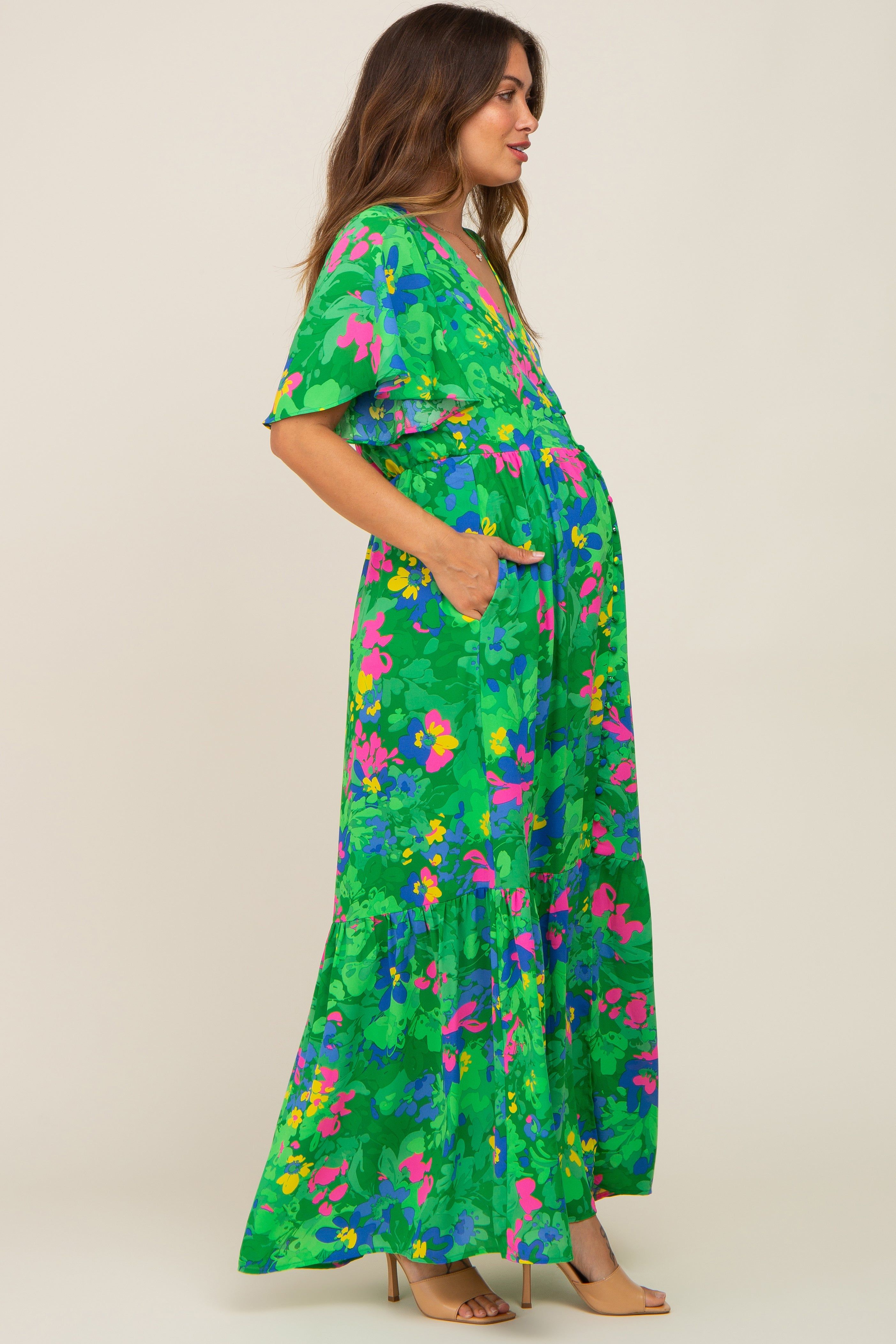 Green Floral Button Front Flutter Short Sleeve Maternity Maxi Dress sold by Pinkblush product image thumbnail 2