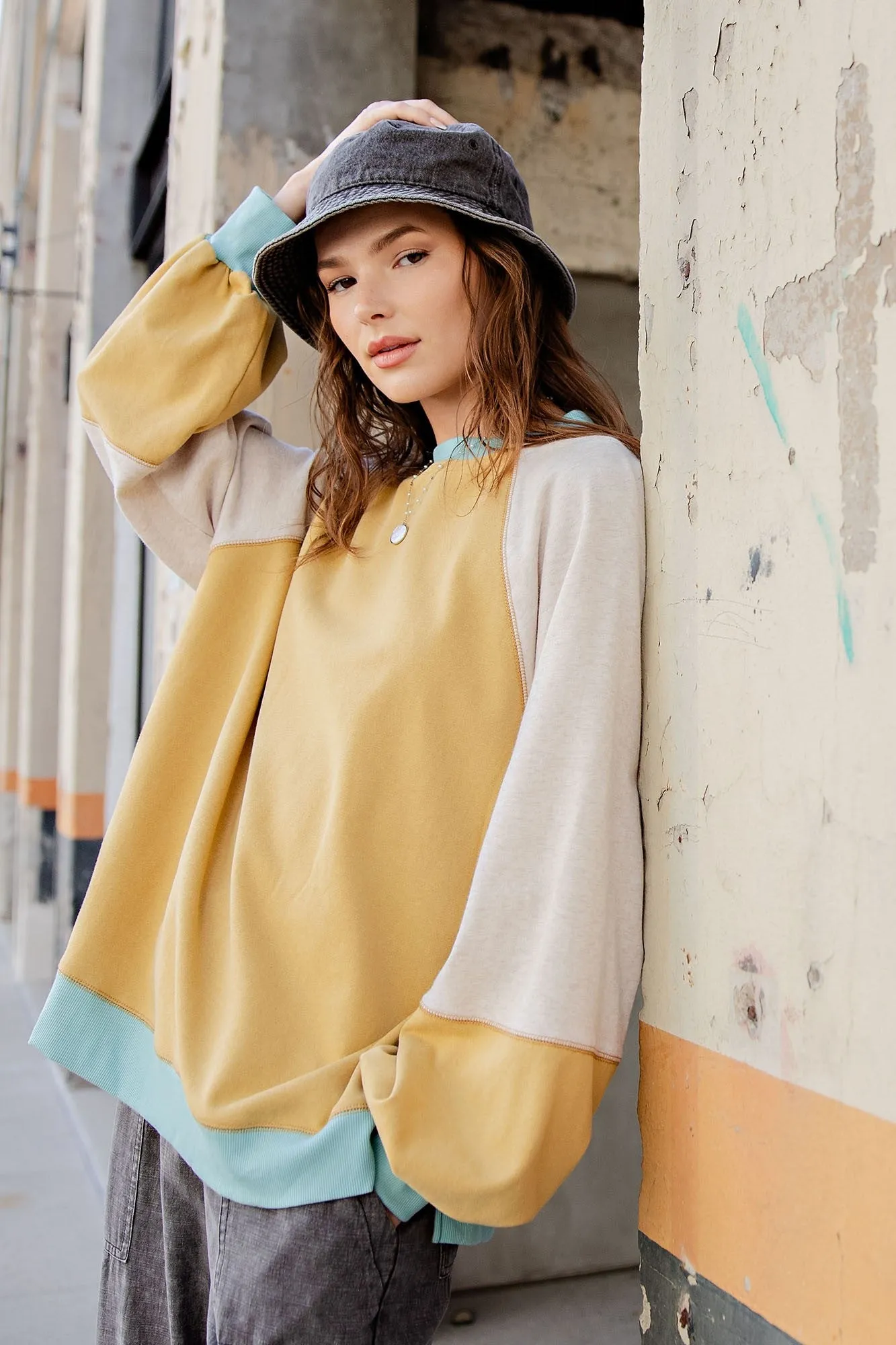 Yellow Colorblock Bubble Sleeve Pullover sold by Pinkblush product image thumbnail 2