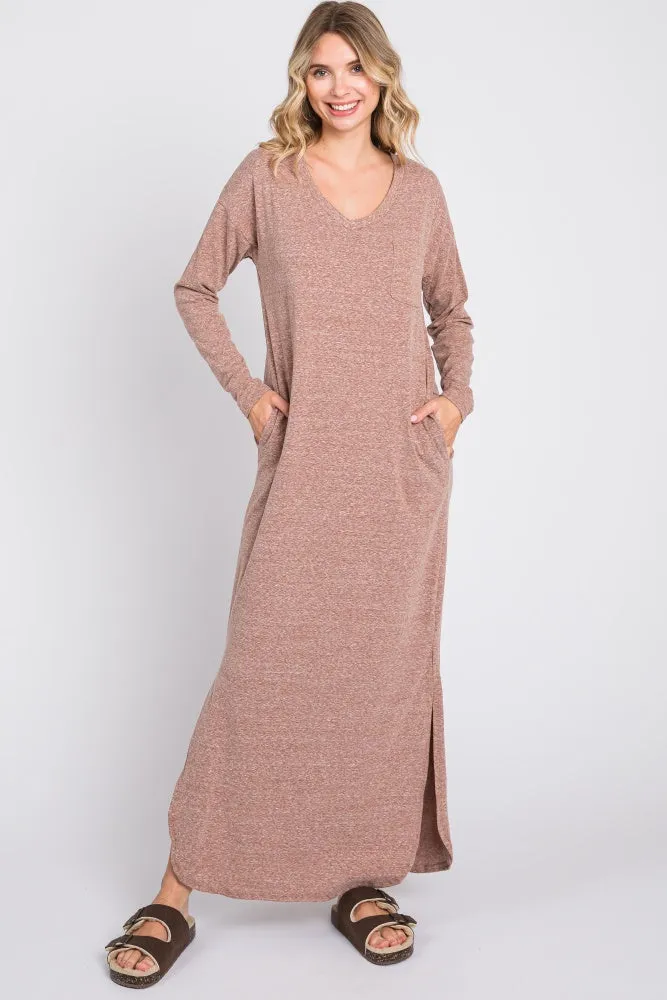 Mocha Heathered Pocketed Long Sleeve Maxi Dress sold by Pinkblush product image thumbnail 5