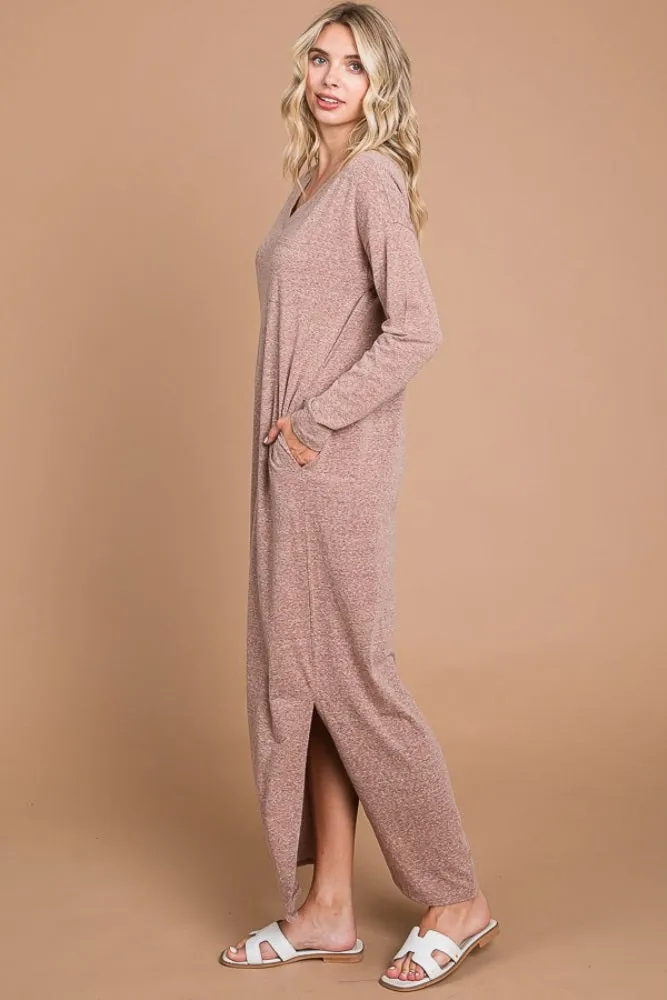 Mocha Heathered Pocketed Long Sleeve Maxi Dress sold by Pinkblush product image thumbnail 2