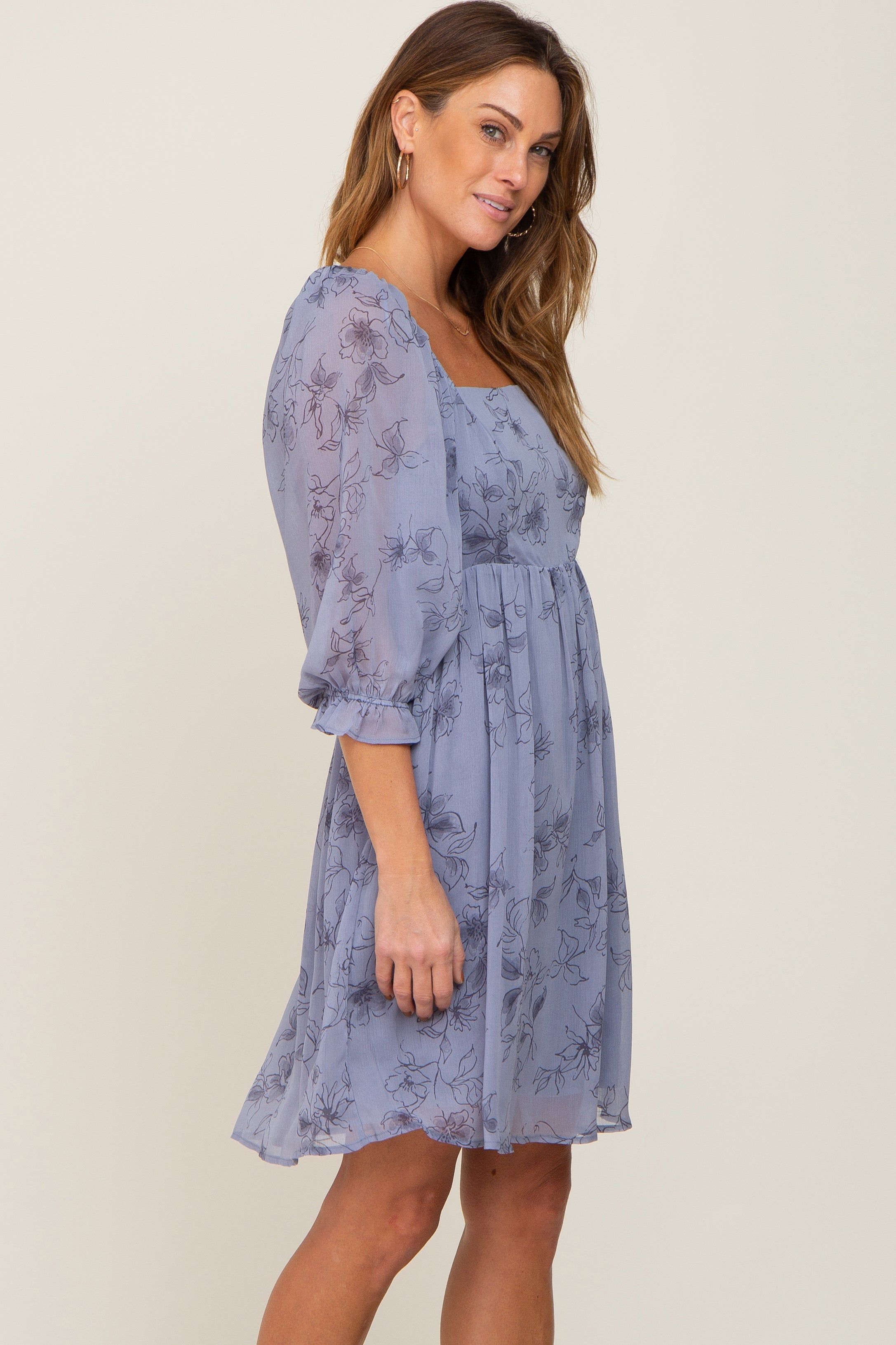 Blue Floral 3/4 Sleeve Chiffon Dress sold by Pinkblush product image thumbnail 2