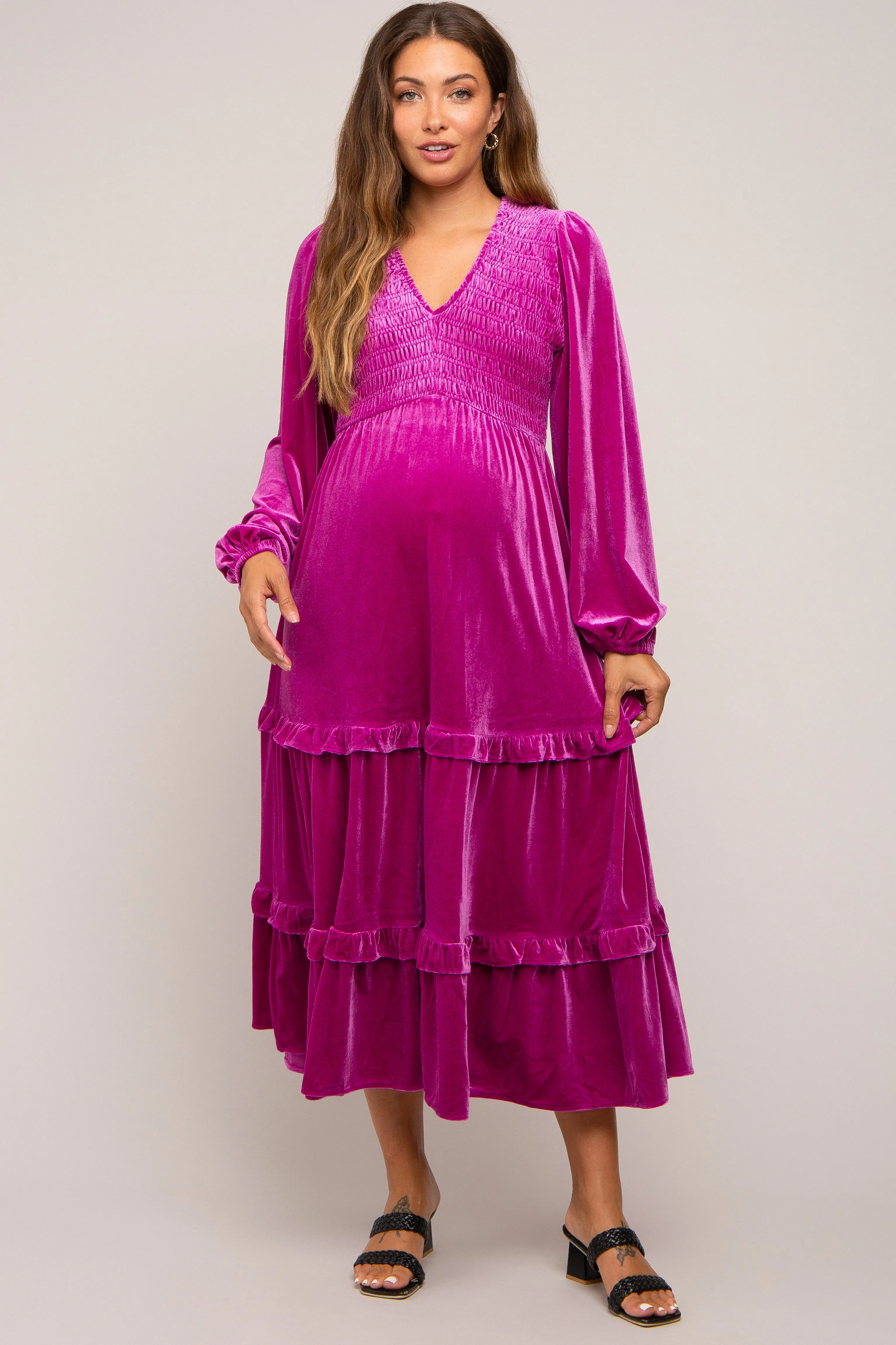 Magenta Velvet Smocked Maternity Midi Dress sold by Pinkblush product image thumbnail 2