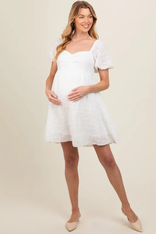 Ivory Floral Textured Puff Sleeve Maternity Dress sold by Pinkblush
