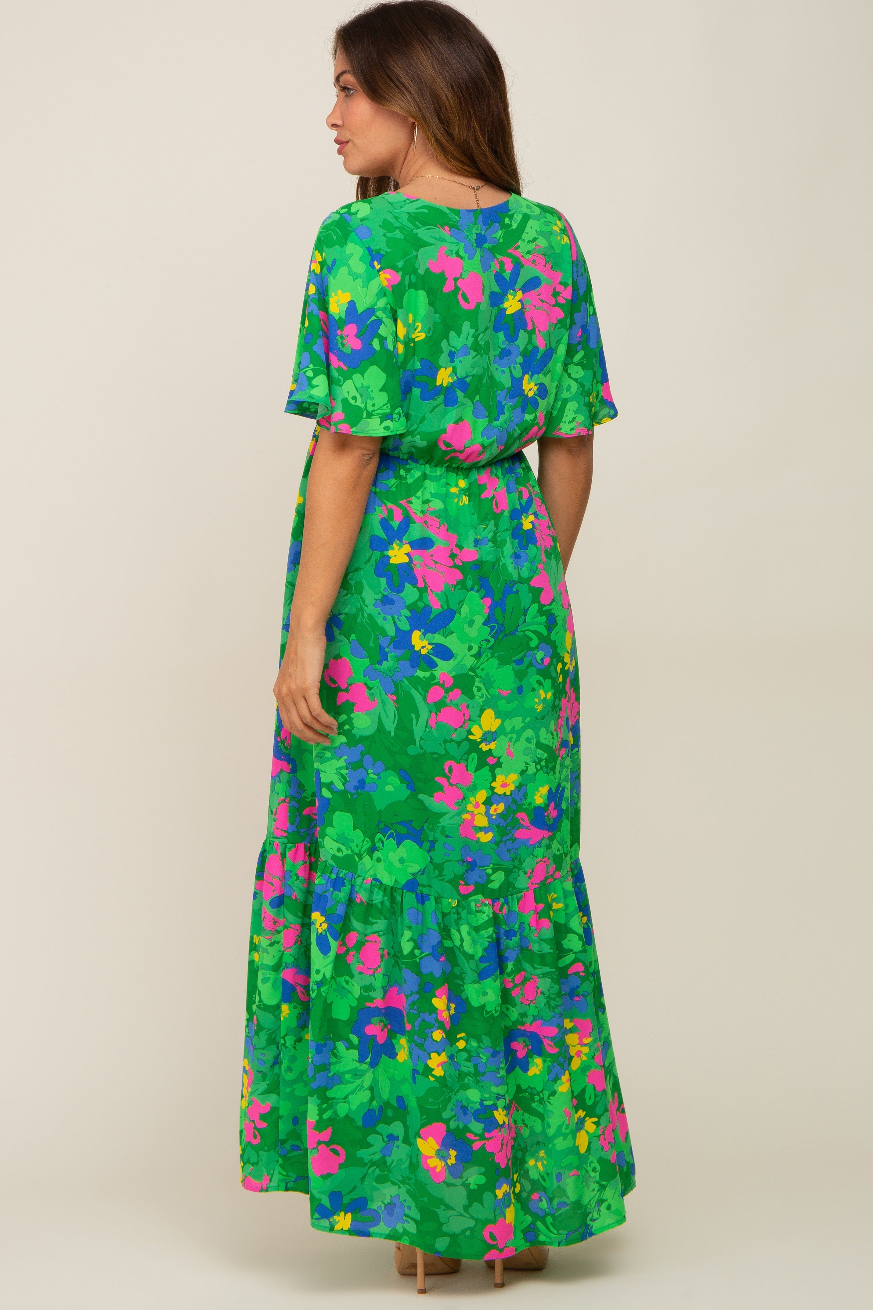 Green Floral Button Front Flutter Short Sleeve Maternity Maxi Dress sold by Pinkblush product image thumbnail 3