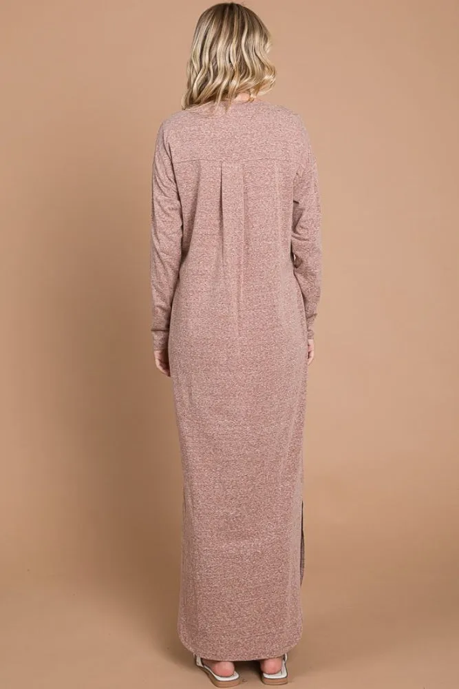 Mocha Heathered Pocketed Long Sleeve Maxi Dress sold by Pinkblush product image thumbnail 3