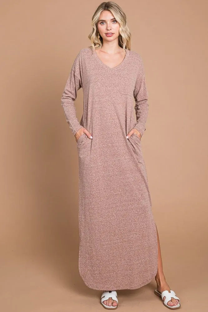 Mocha Heathered Pocketed Long Sleeve Maxi Dress sold by Pinkblush