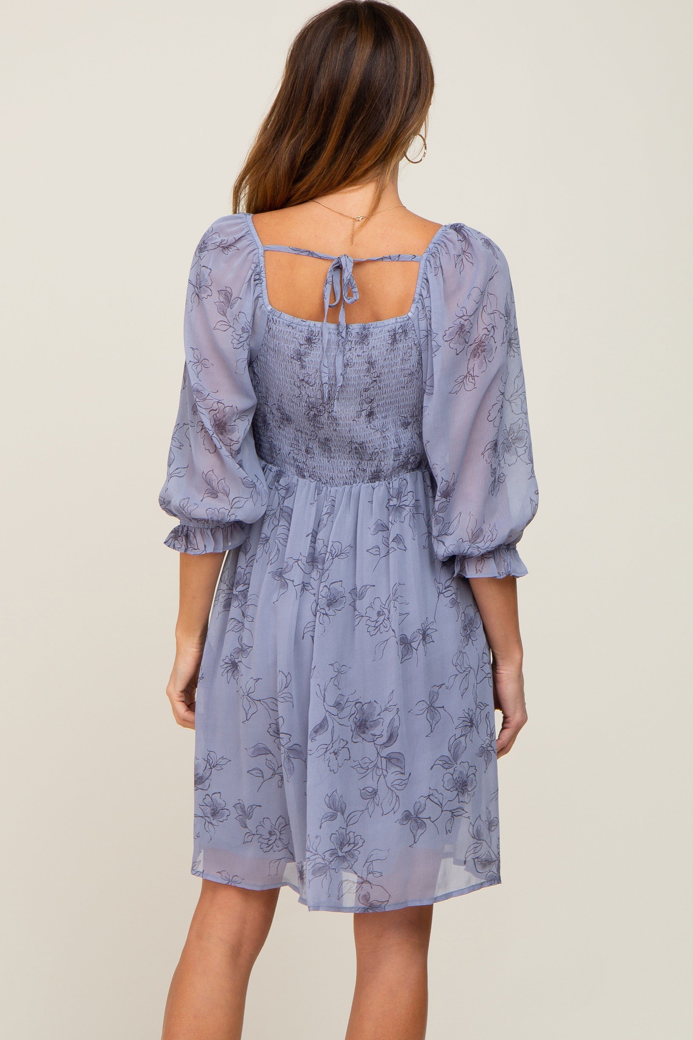 Blue Floral 3/4 Sleeve Chiffon Dress sold by Pinkblush product image thumbnail 3
