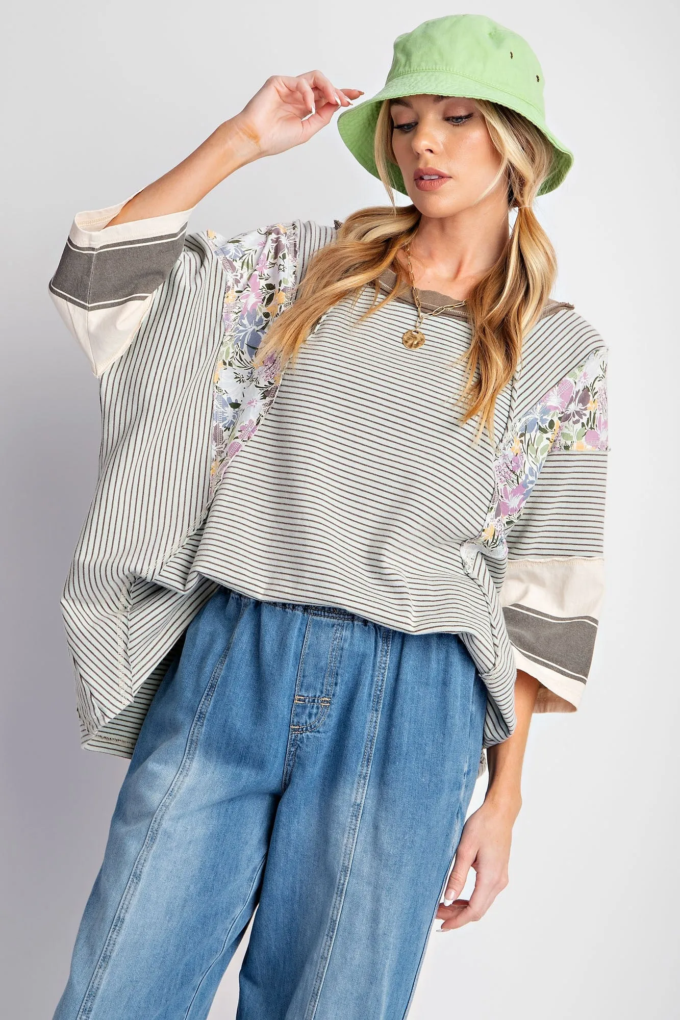 Grey Mixed Print Dolman Sleeve Top sold by Pinkblush