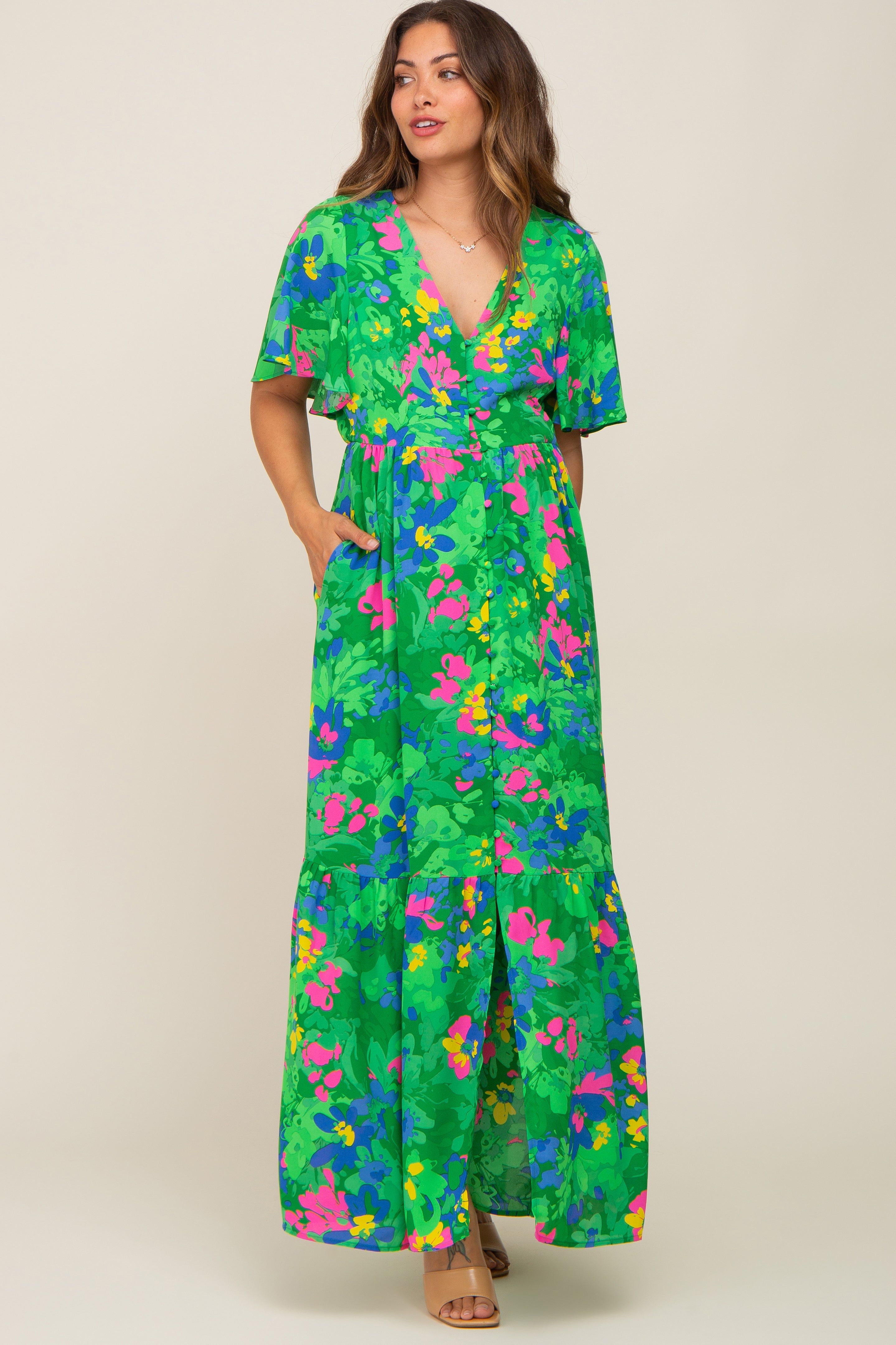 Green Floral Button Front Flutter Short Sleeve Maternity Maxi Dress sold by Pinkblush product image thumbnail 4