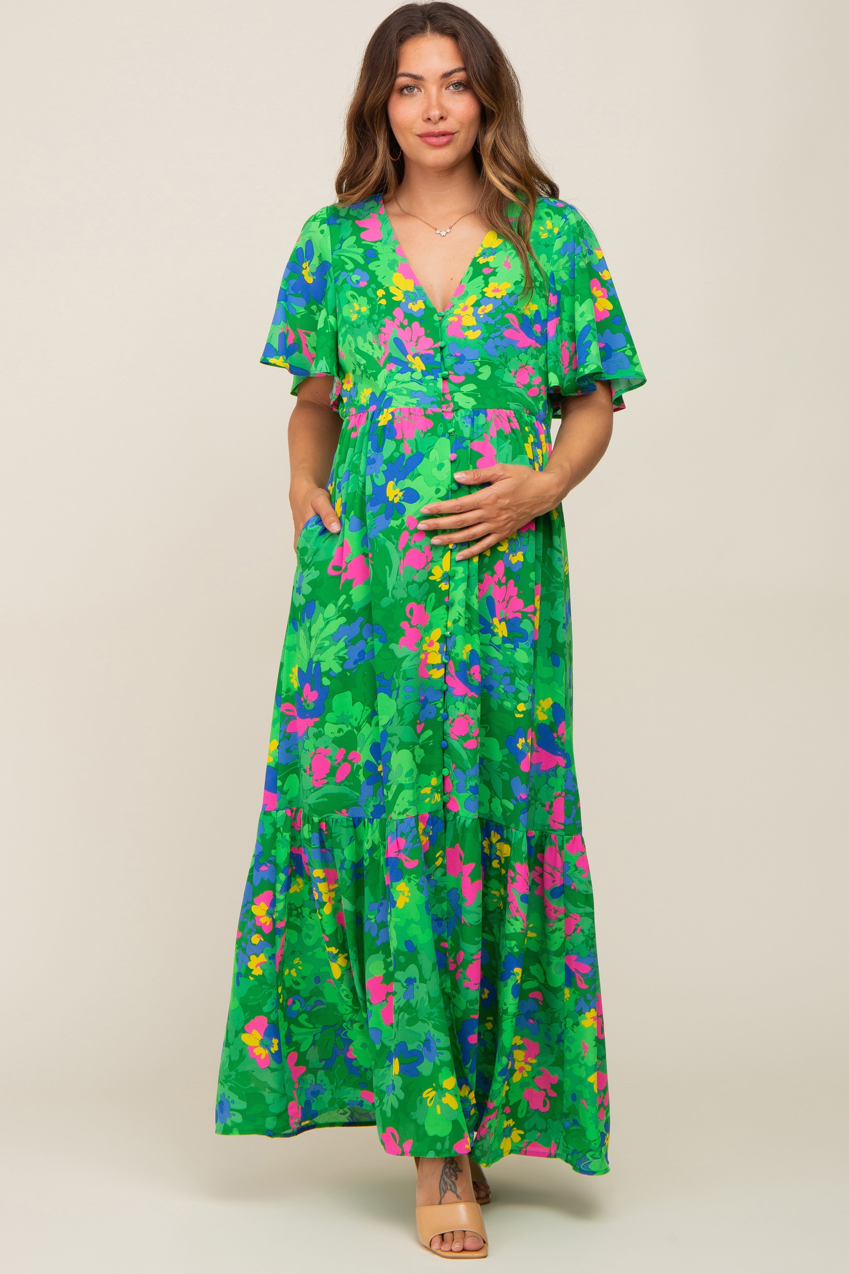 Green Floral Button Front Flutter Short Sleeve Maternity Maxi Dress sold by Pinkblush