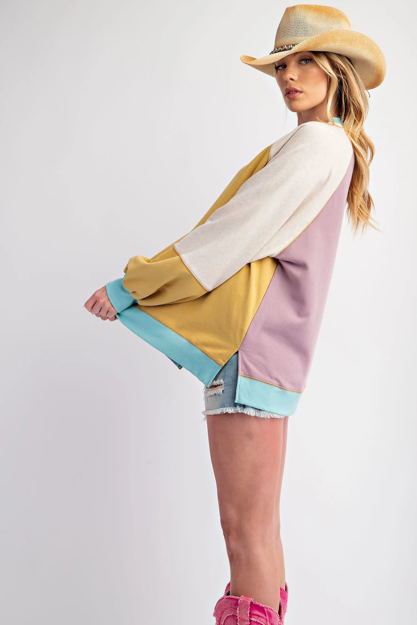 Yellow Colorblock Bubble Sleeve Pullover sold by Pinkblush