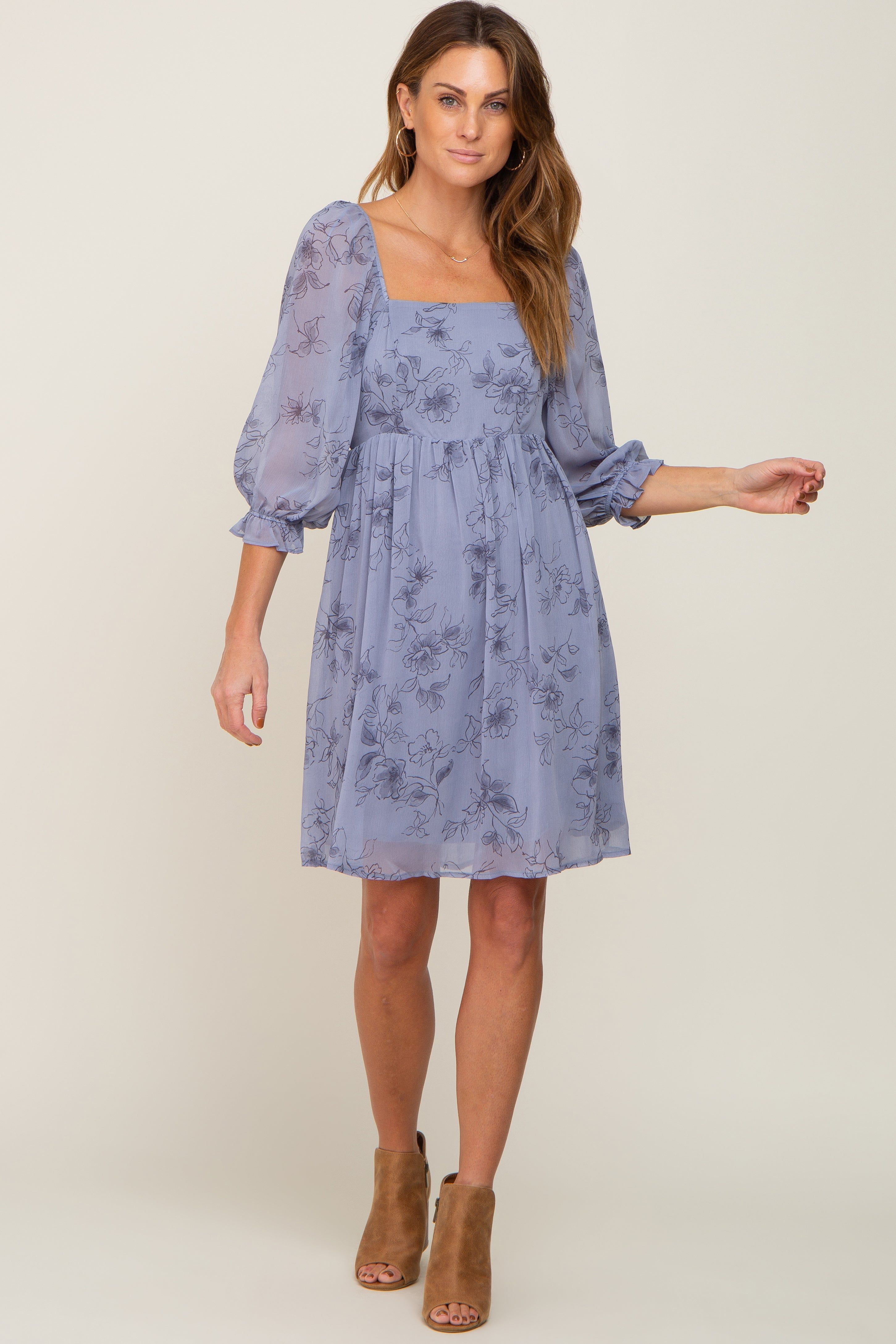 Blue Floral 3/4 Sleeve Chiffon Dress sold by Pinkblush product image thumbnail 4
