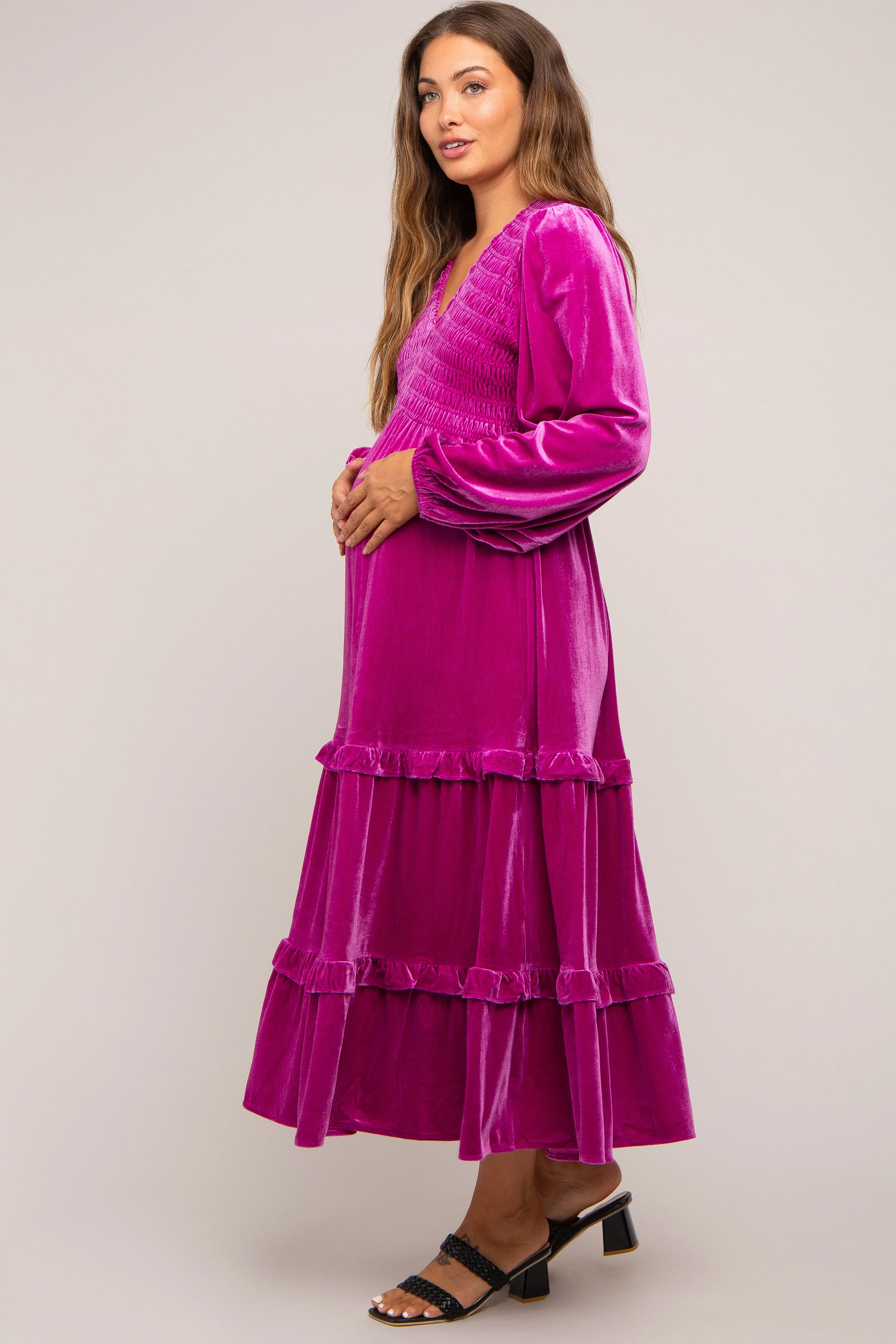 Magenta Velvet Smocked Maternity Midi Dress sold by Pinkblush product image thumbnail 4