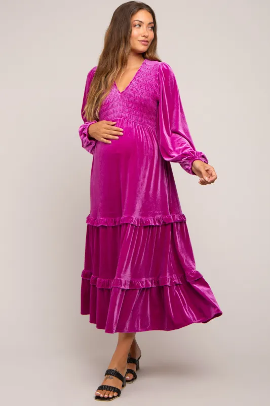 Magenta Velvet Smocked Maternity Midi Dress sold by Pinkblush