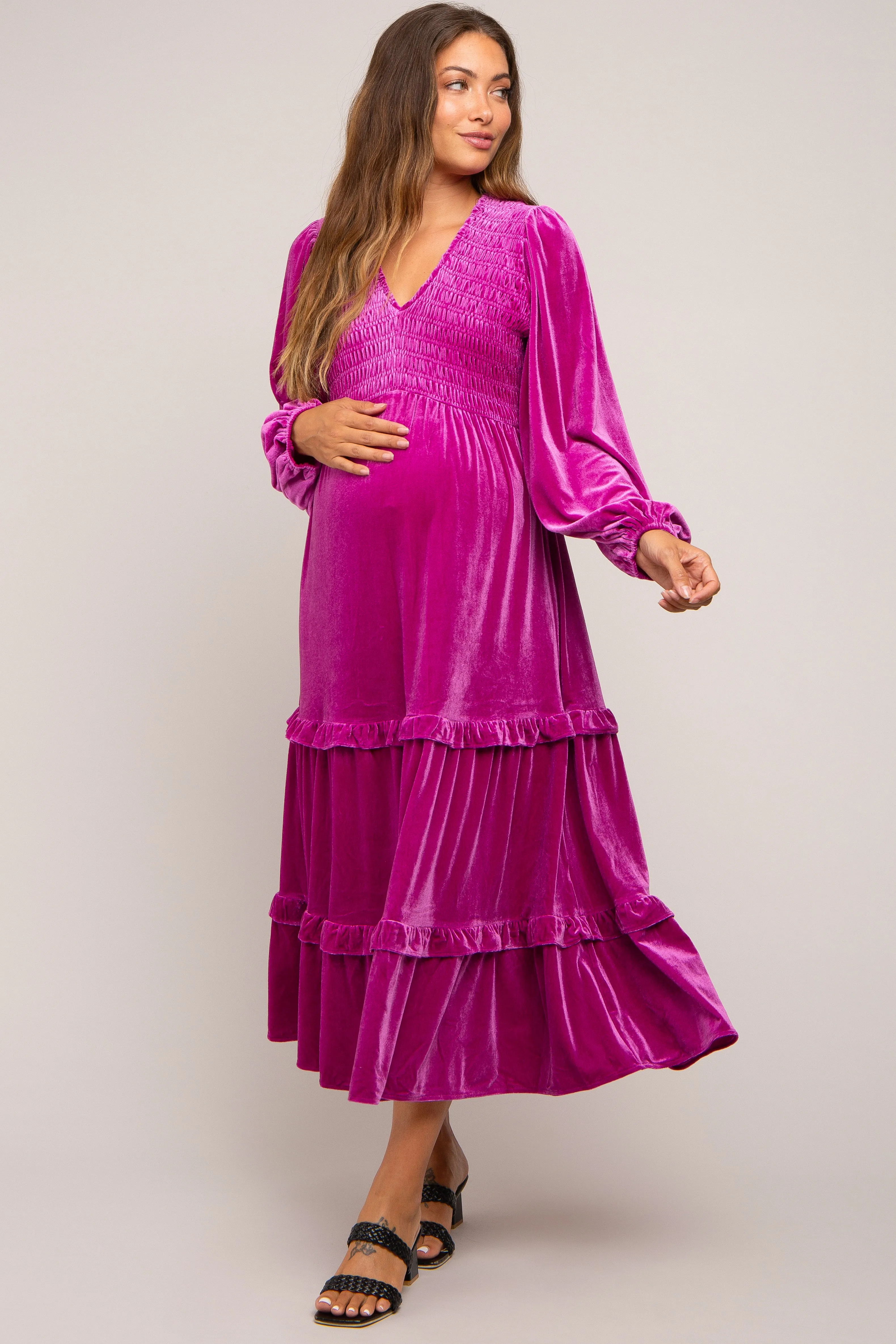 Magenta Velvet Smocked Maternity Midi Dress sold by Pinkblush