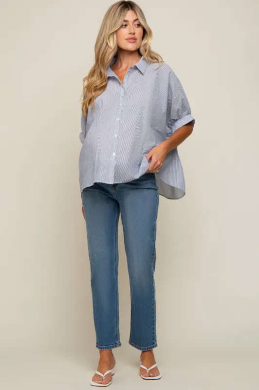 Navy Blue Striped Button-Down Dolman Short Sleeve Maternity Top sold by Pinkblush