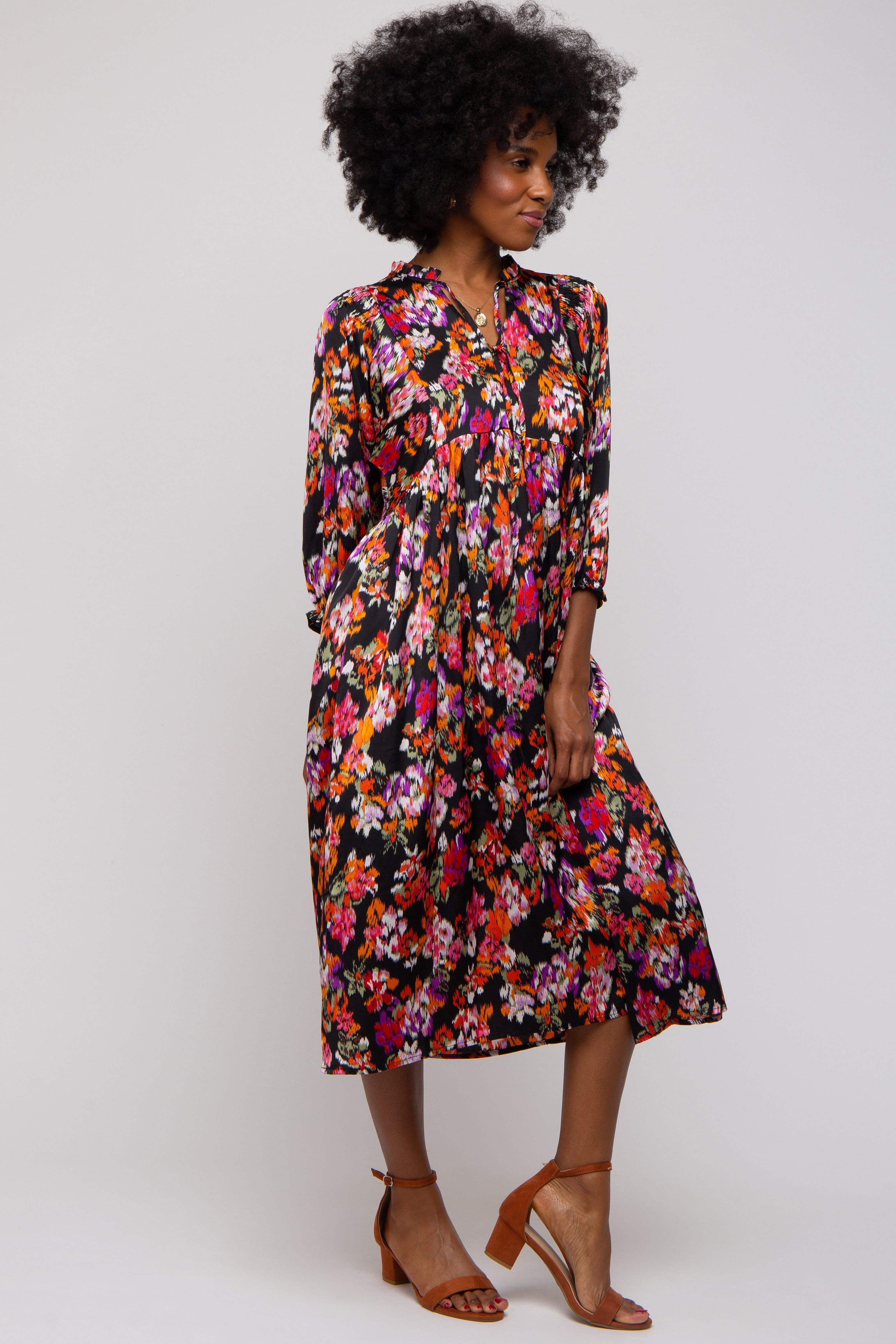 Black Floral Satin Ruffle Neck Midi Dress sold by Pinkblush product image thumbnail 4