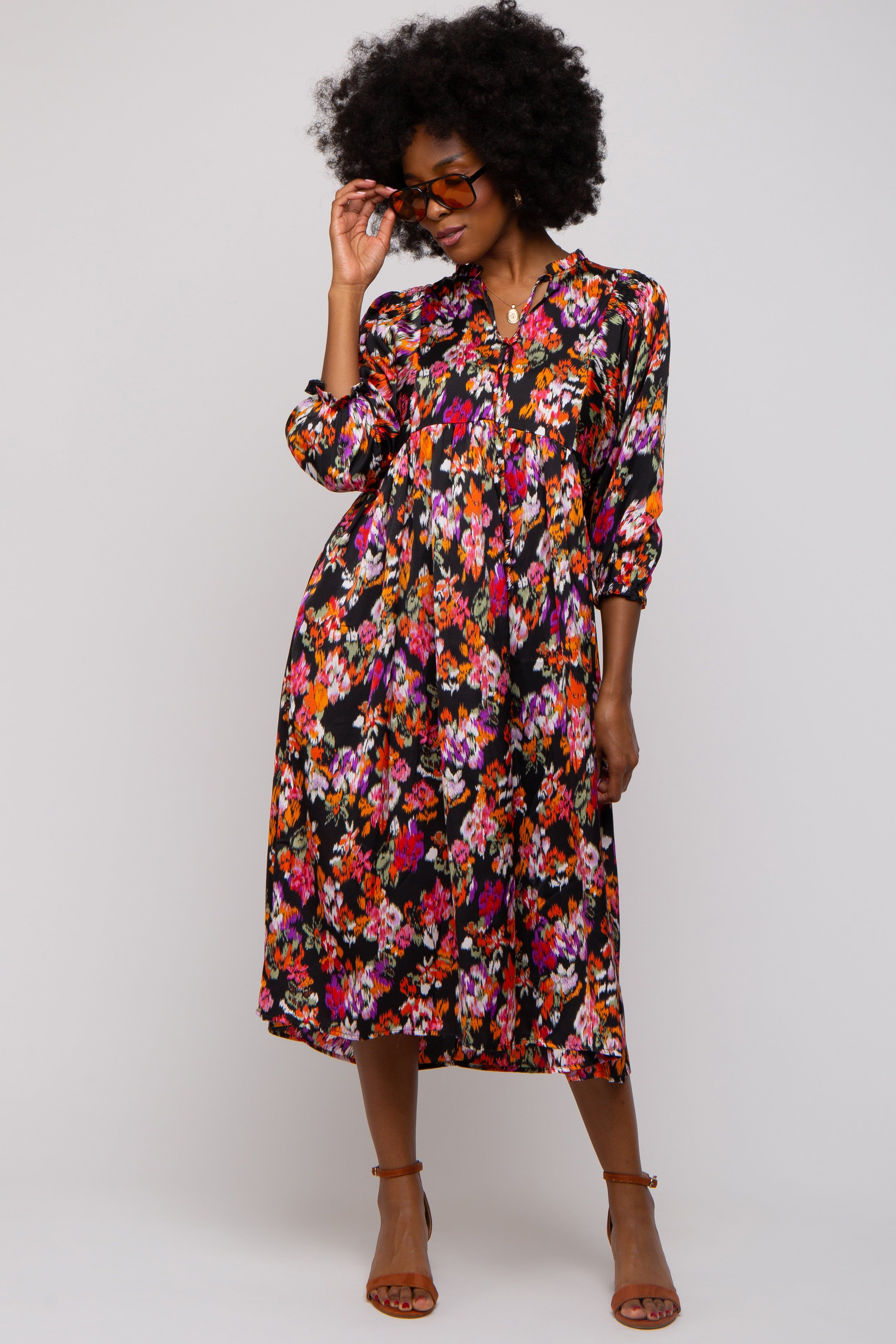 Black Floral Satin Ruffle Neck Midi Dress sold by Pinkblush