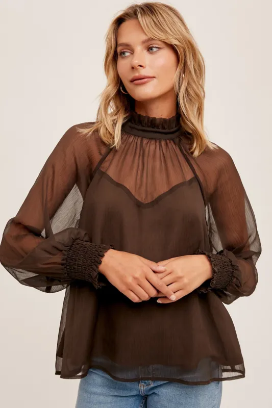 Dark Brown Ruffle Neckline Smocked Cuff Blouse sold by Pinkblush