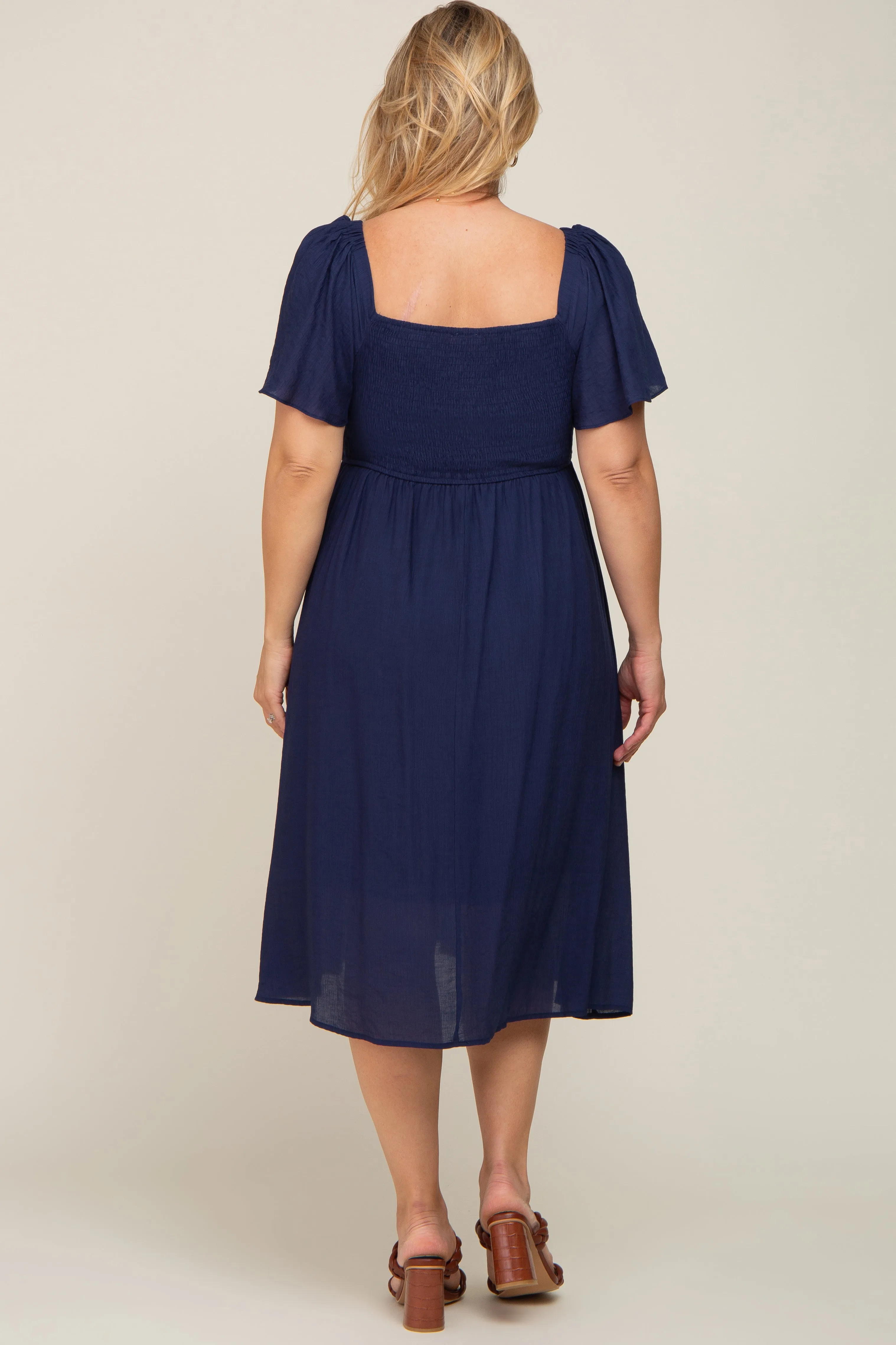 Navy Blue Smocked Square Neck Flutter Short Sleeve Maternity Plus Midi Dress sold by Pinkblush product image thumbnail 3