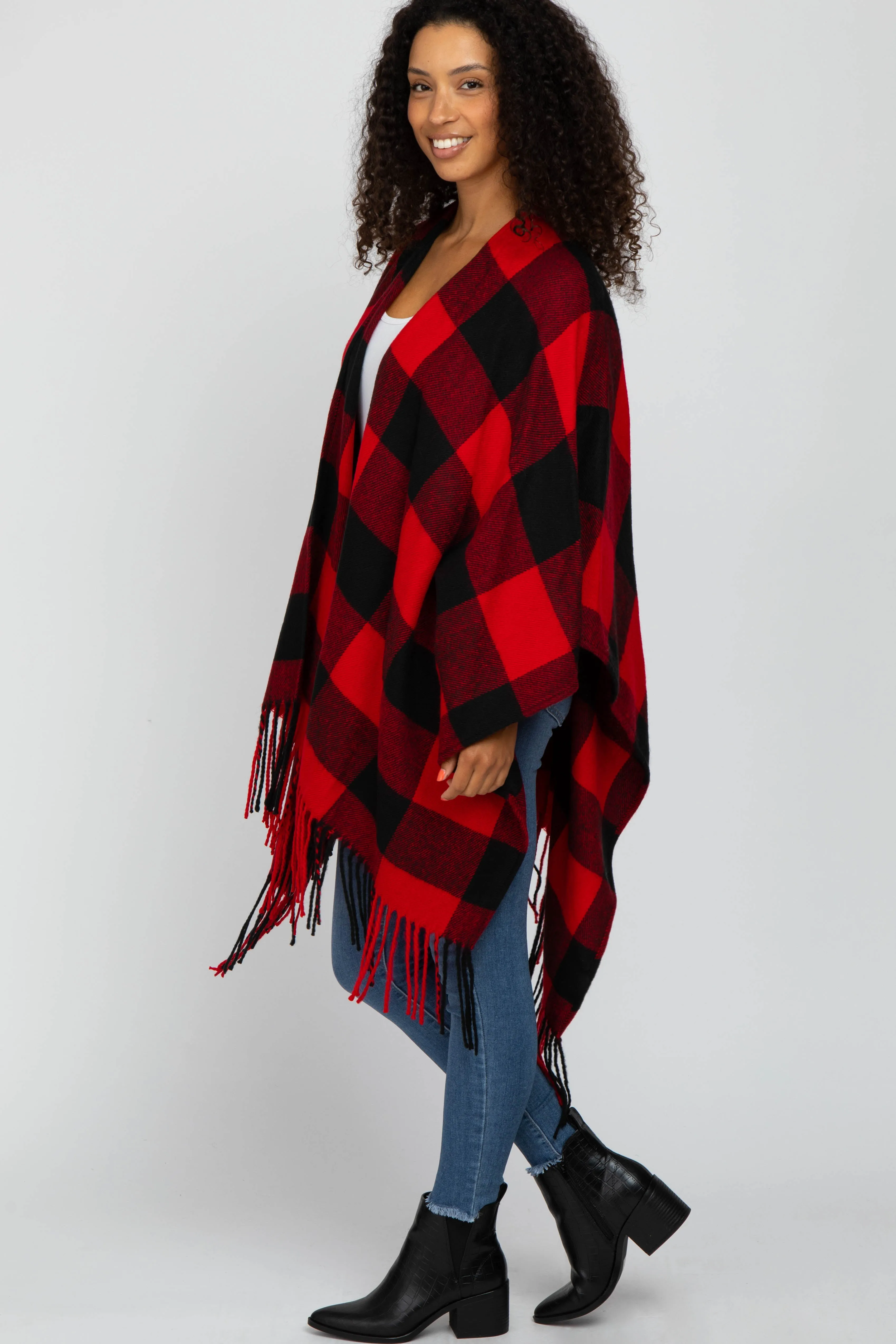 Red Plaid Fringe Poncho sold by Pinkblush product image thumbnail 2