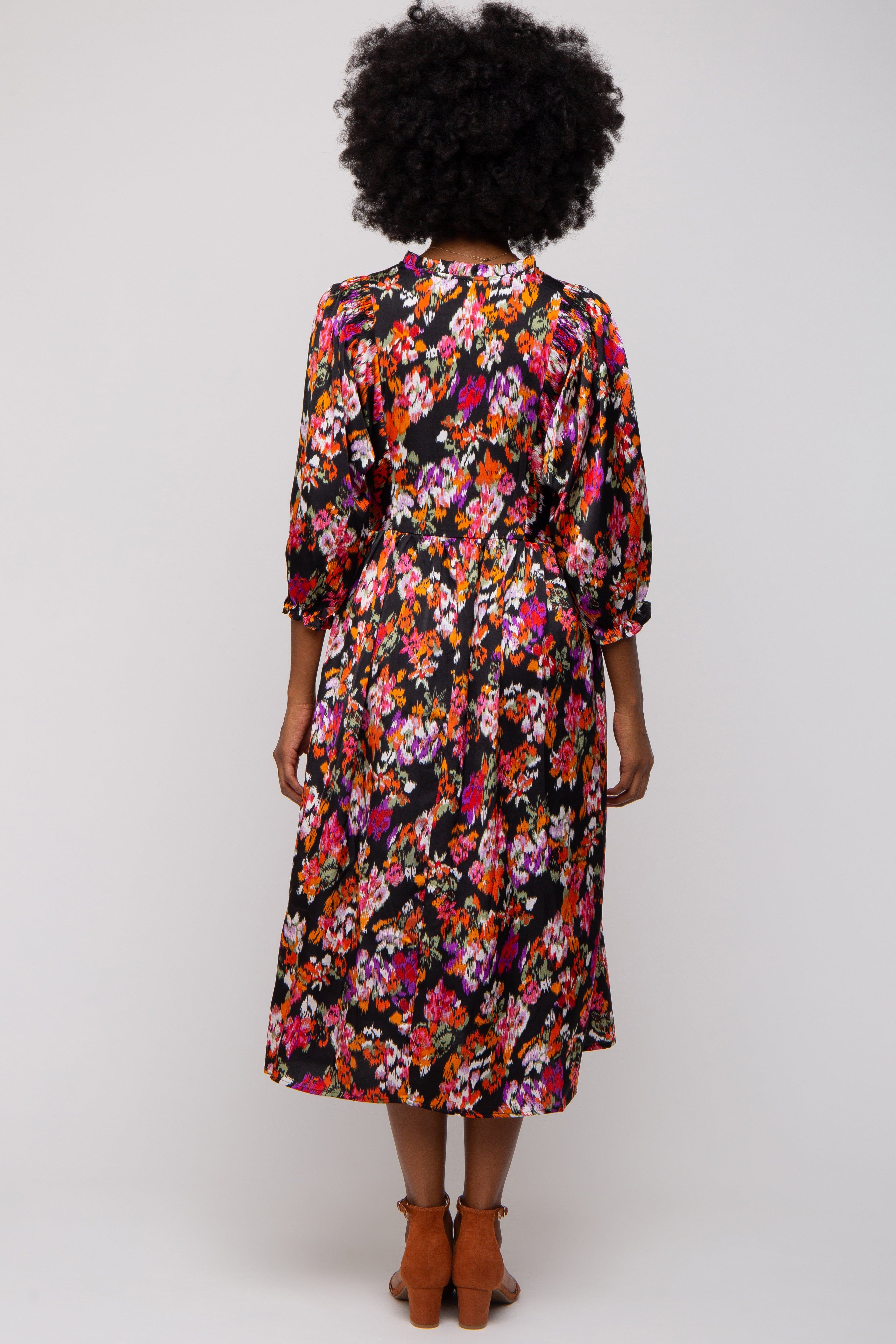 Black Floral Satin Ruffle Neck Midi Dress sold by Pinkblush product image thumbnail 5