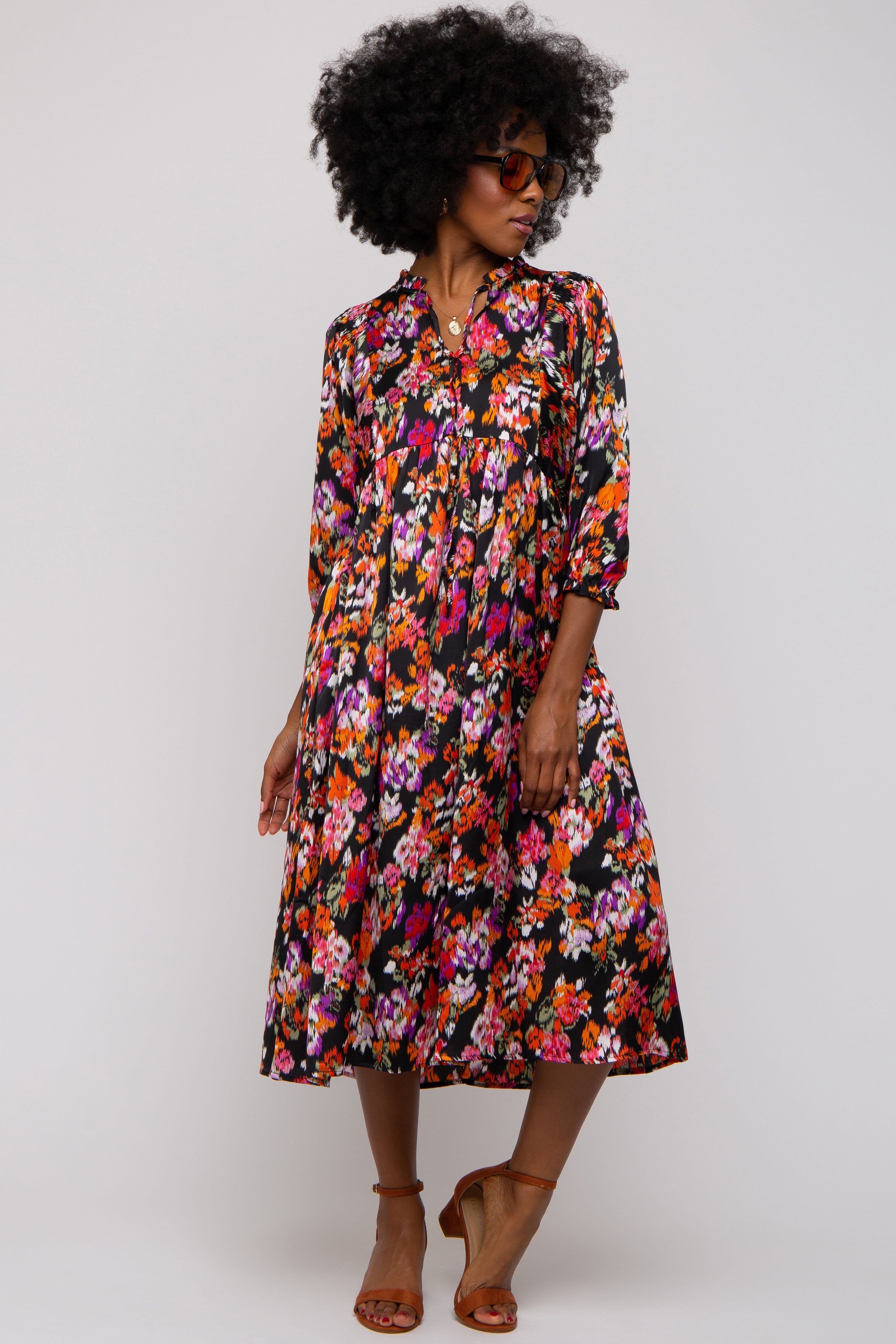 Black Floral Satin Ruffle Neck Midi Dress sold by Pinkblush product image thumbnail 2