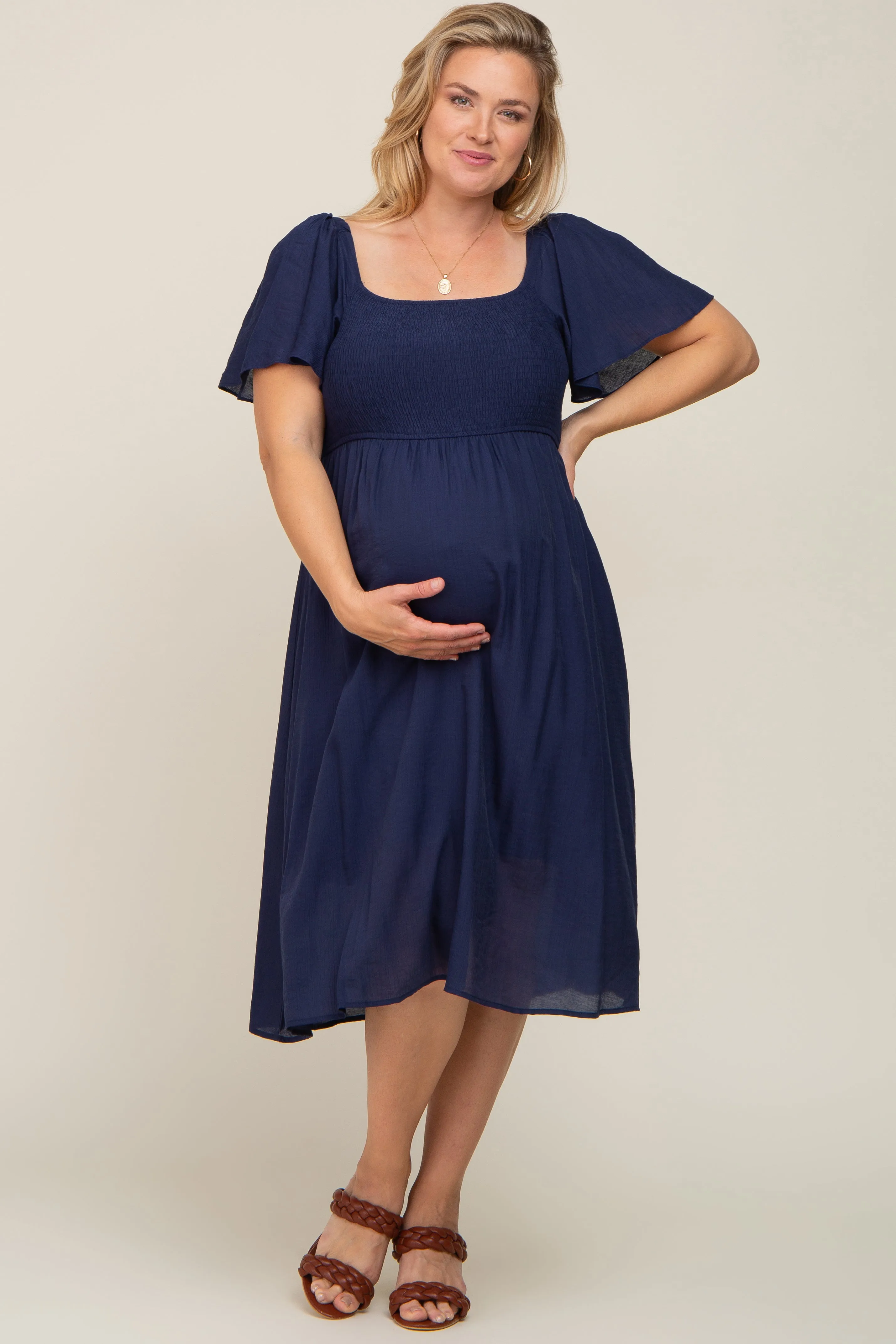 Navy Blue Smocked Square Neck Flutter Short Sleeve Maternity Plus Midi Dress sold by Pinkblush product image thumbnail 4