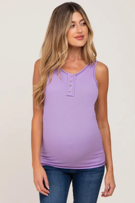 Lavender Sleeveless Ribbed Button Front Maternity Top sold by Pinkblush