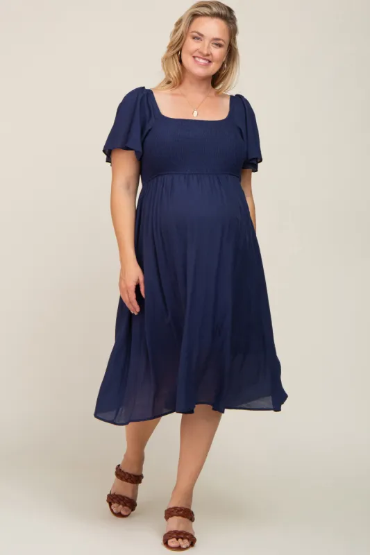 Navy Blue Smocked Square Neck Flutter Short Sleeve Maternity Plus Midi Dress sold by Pinkblush