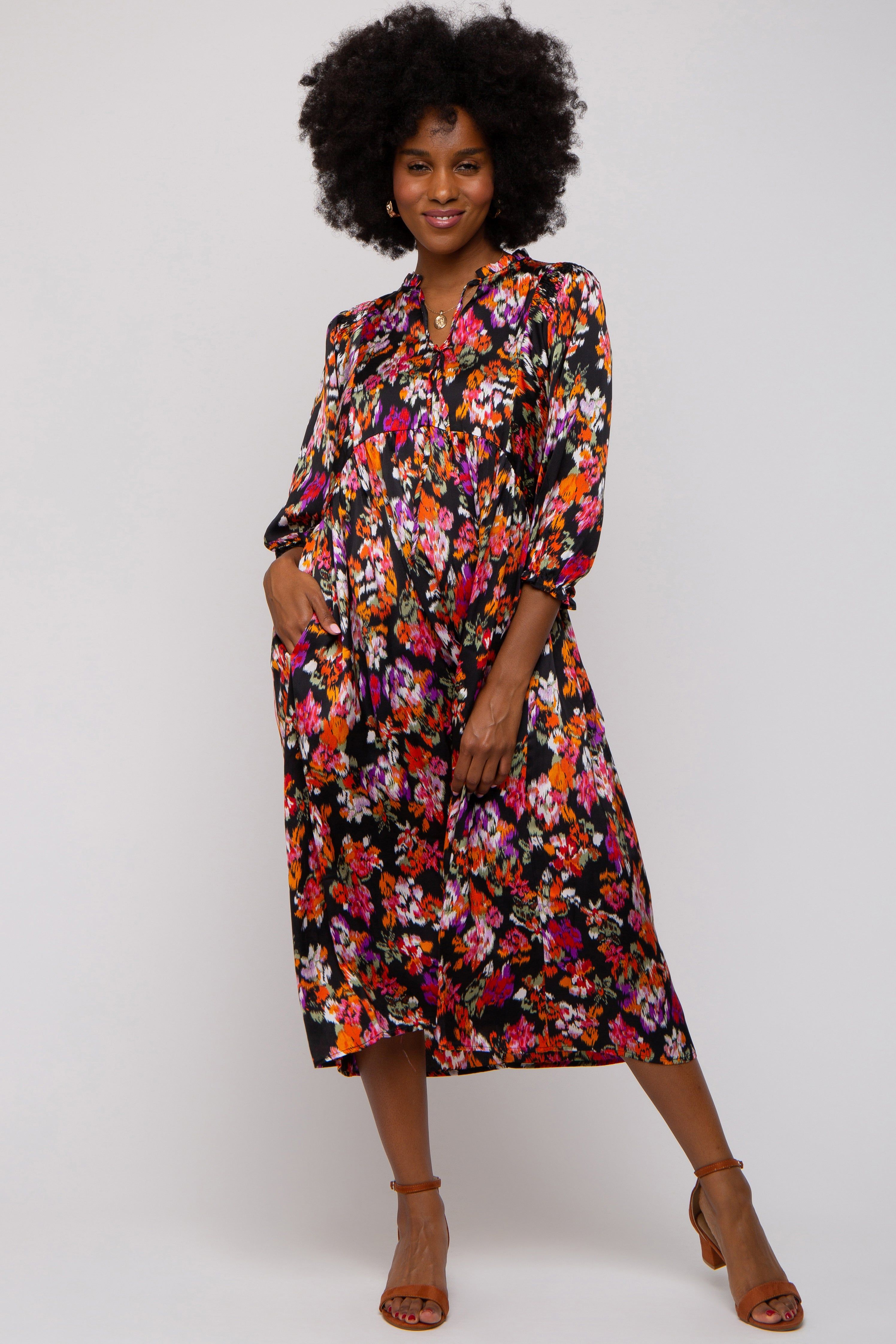 Black Floral Satin Ruffle Neck Midi Dress sold by Pinkblush product image thumbnail 3