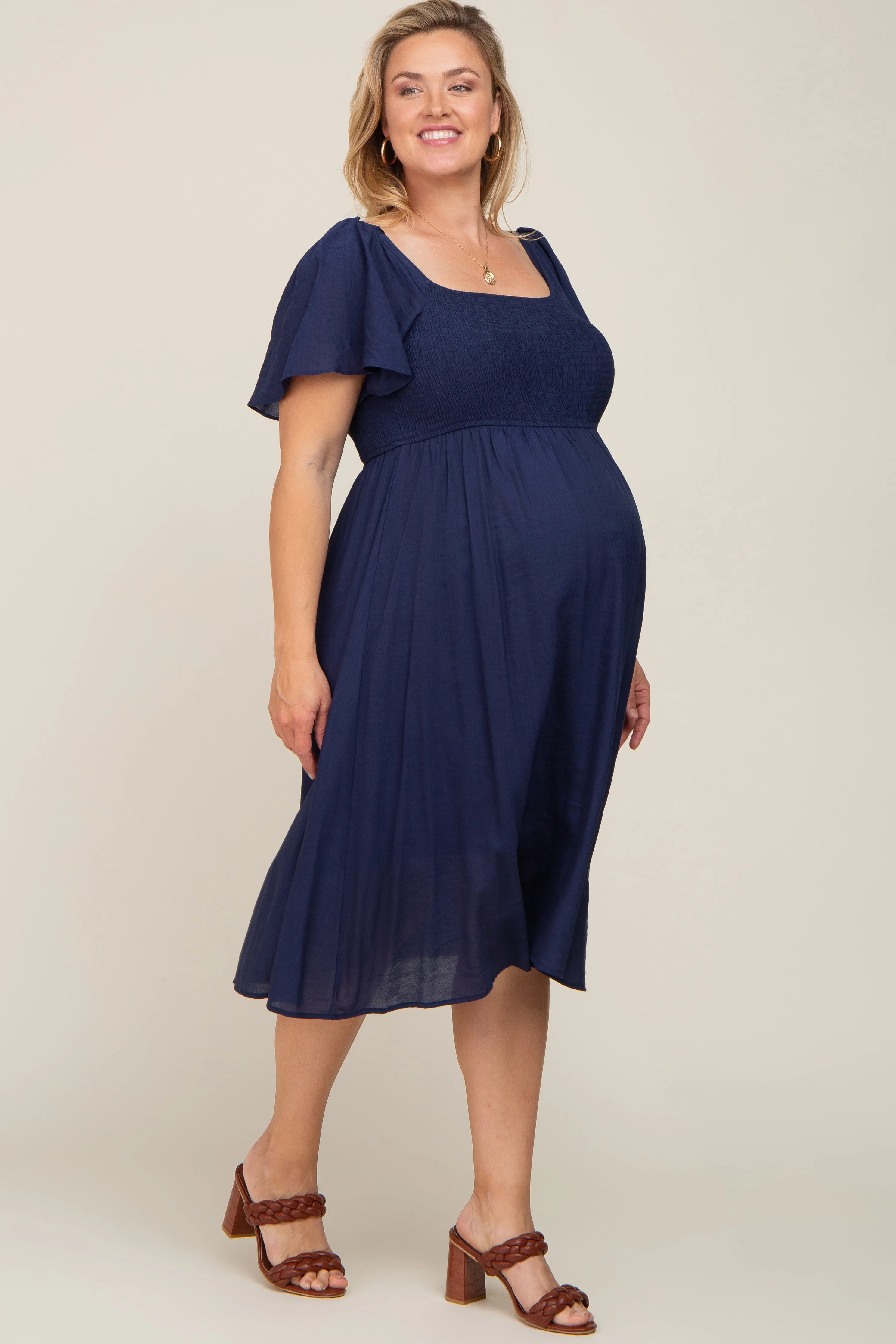 Navy Blue Smocked Square Neck Flutter Short Sleeve Maternity Plus Midi Dress sold by Pinkblush product image thumbnail 2