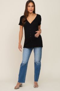 Black Waffle Knit Front Button Accent Maternity Top sold by Pinkblush