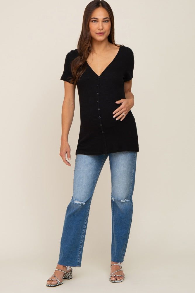 Black Waffle Knit Front Button Accent Maternity Top sold by Pinkblush product image thumbnail 5