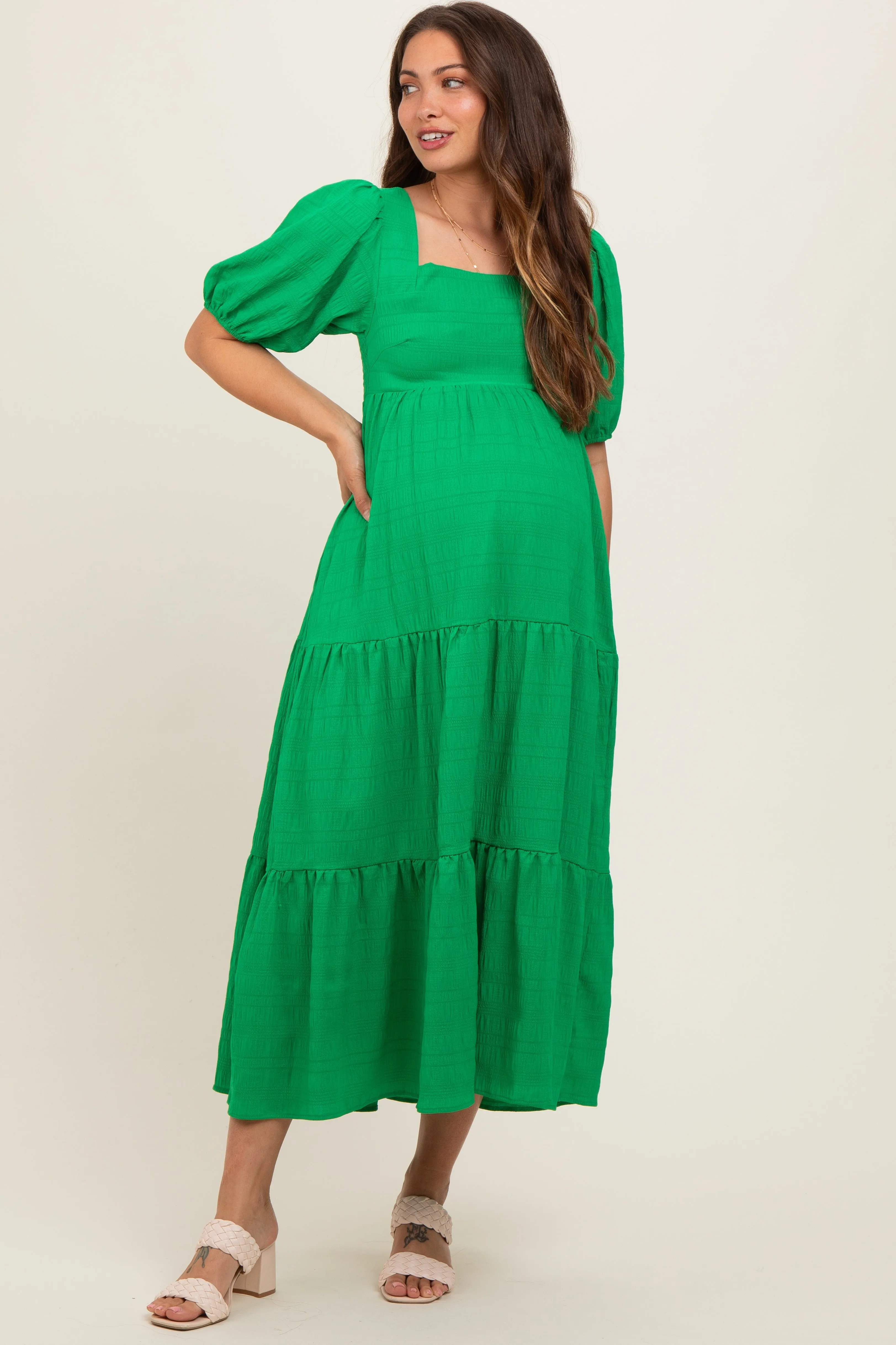 Green Textured Maternity Tiered Midi Dress sold by Pinkblush