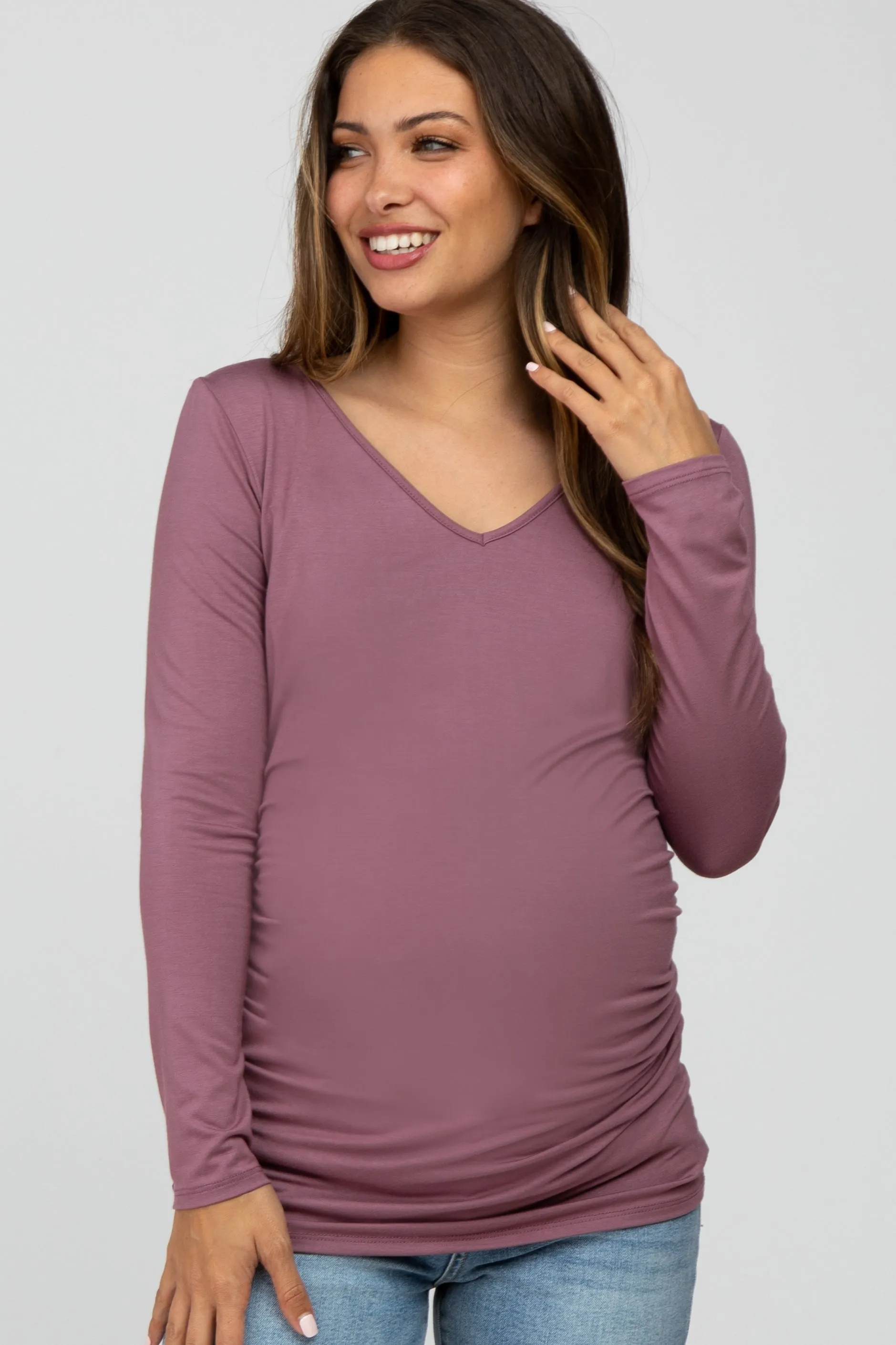 Mauve Long Sleeve Fitted Ruched Maternity Top sold by Pinkblush