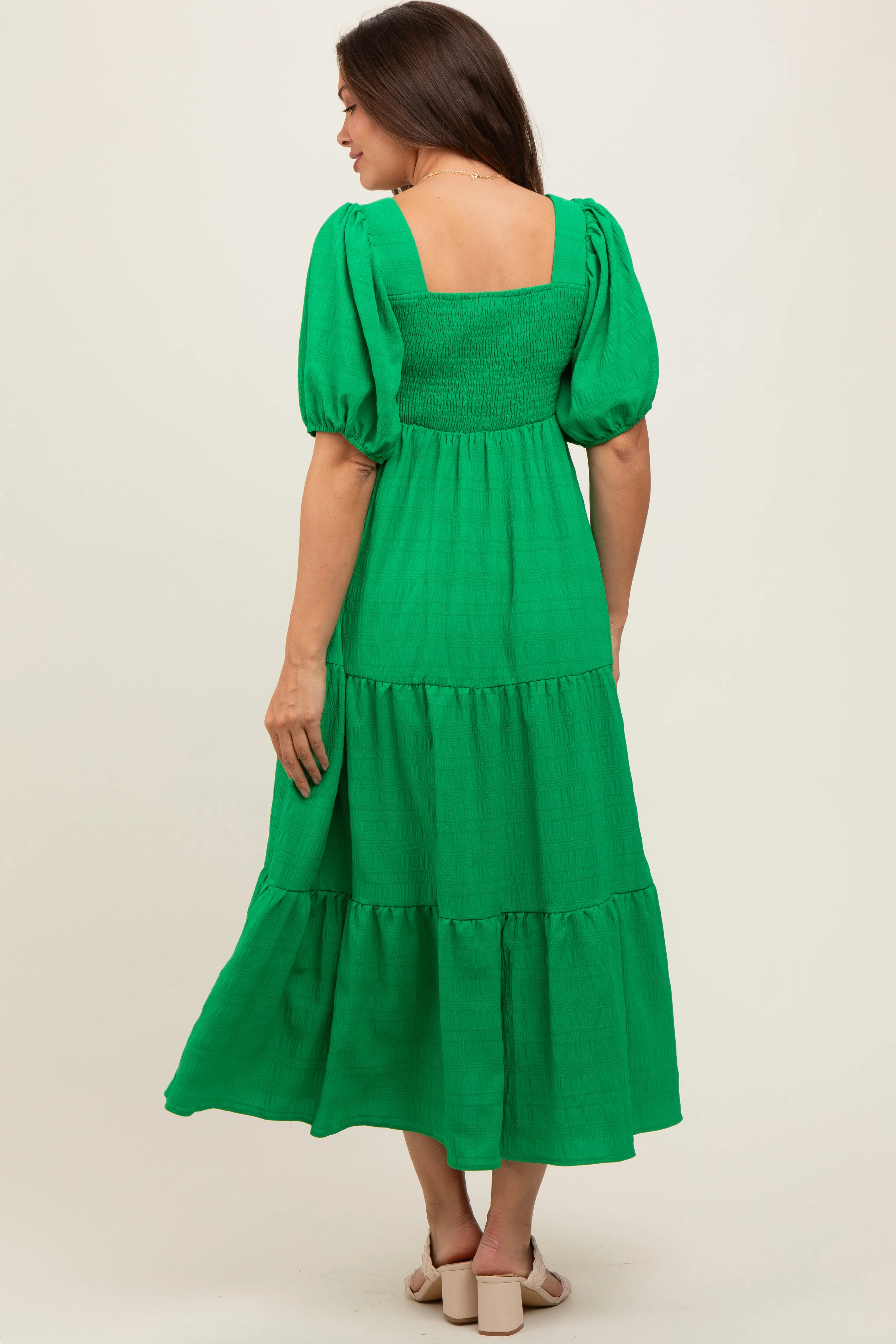 Green Textured Maternity Tiered Midi Dress sold by Pinkblush product image thumbnail 2
