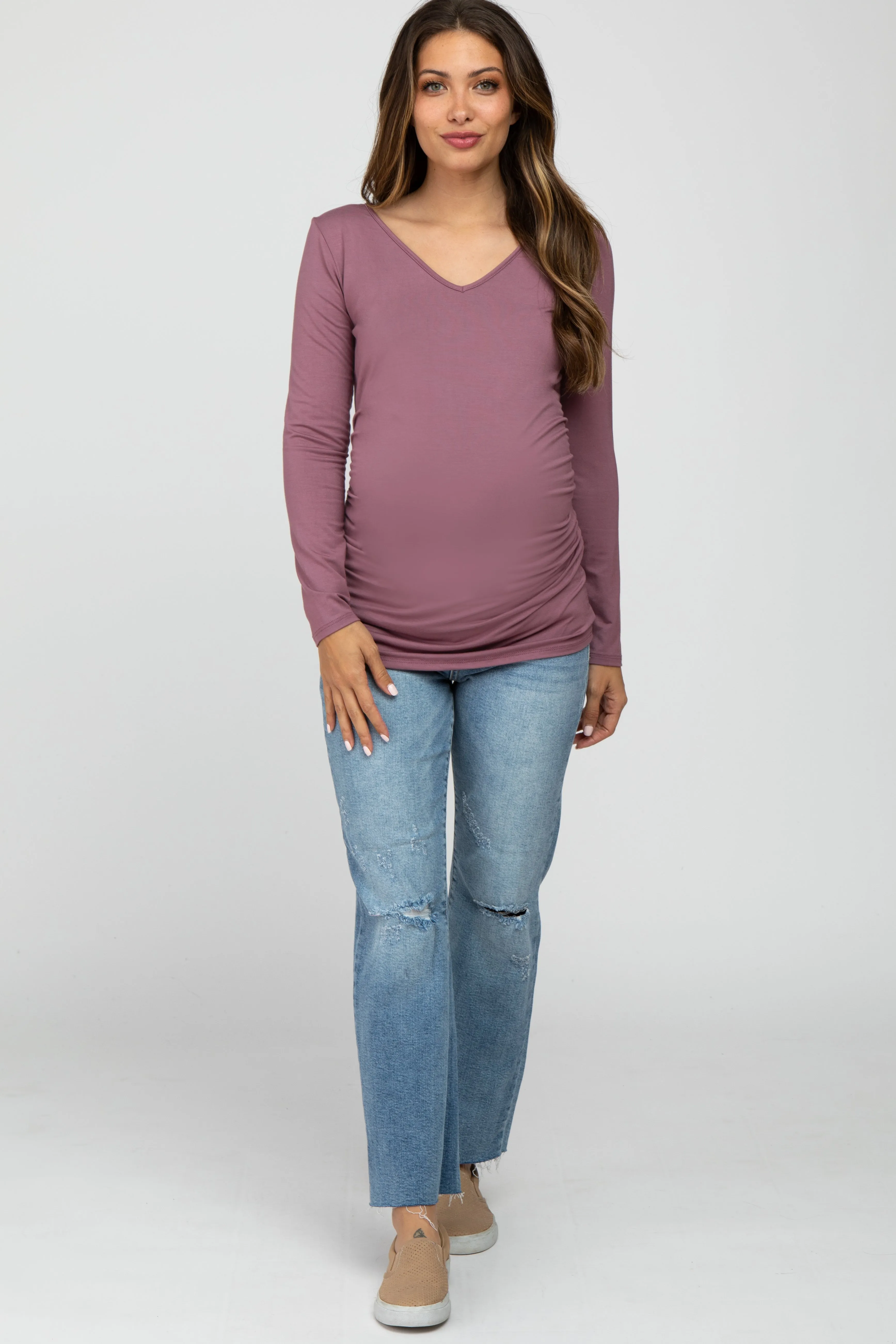 Mauve Long Sleeve Fitted Ruched Maternity Top sold by Pinkblush product image thumbnail 2
