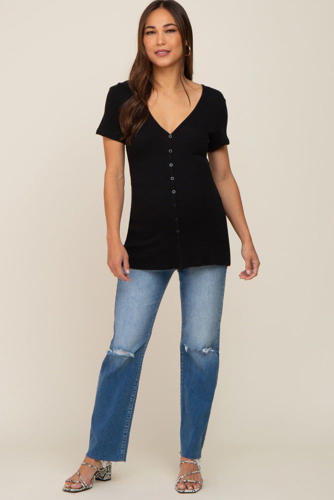 Black Waffle Knit Front Button Accent Maternity Top sold by Pinkblush product image thumbnail 4