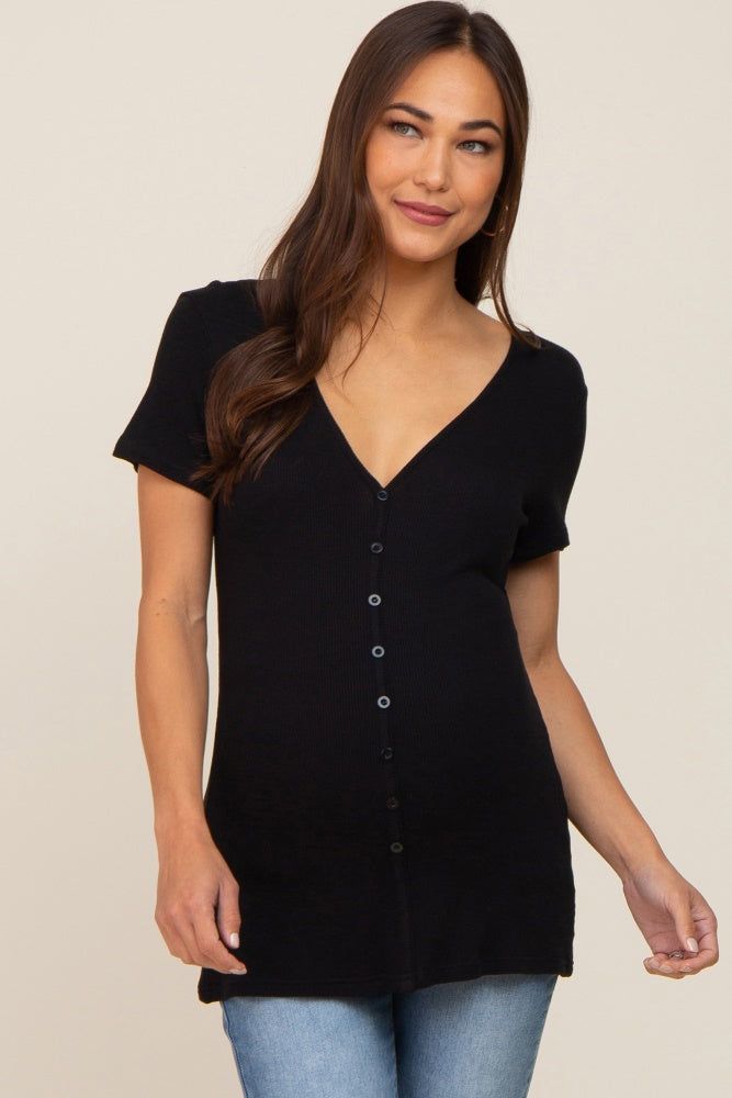 Black Waffle Knit Front Button Accent Maternity Top sold by Pinkblush