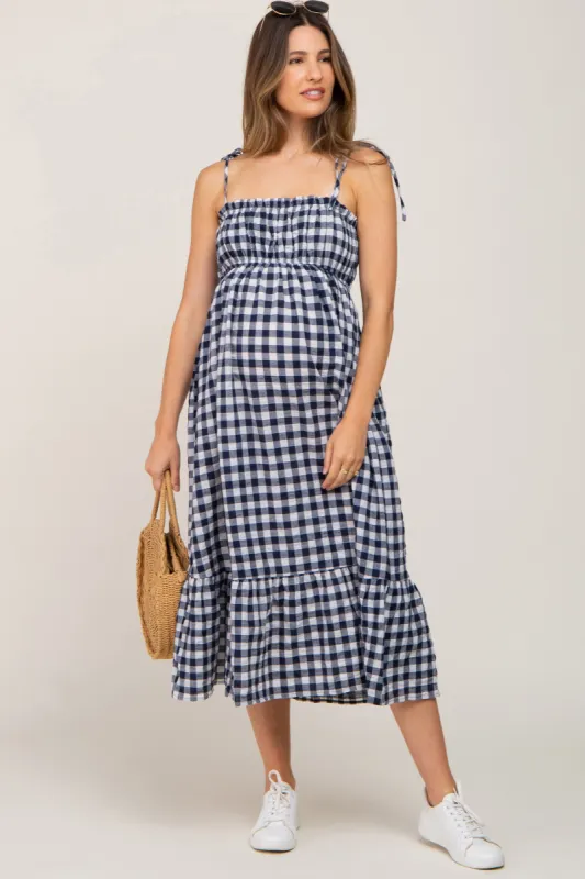 Navy Blue Gingham Square Neck Tie Strap Maternity Midi Dress sold by Pinkblush