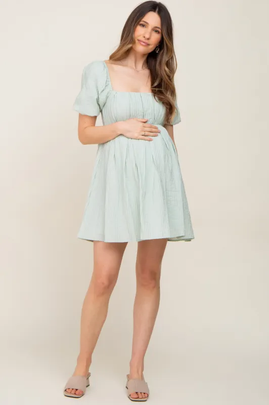 Sage Striped Pleated Puff Sleeve Maternity Mini Dress sold by Pinkblush