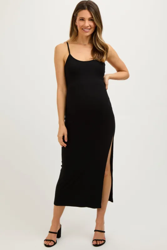 Black Ribbed Sleeveless Side Slit Maternity Dress sold by Pinkblush