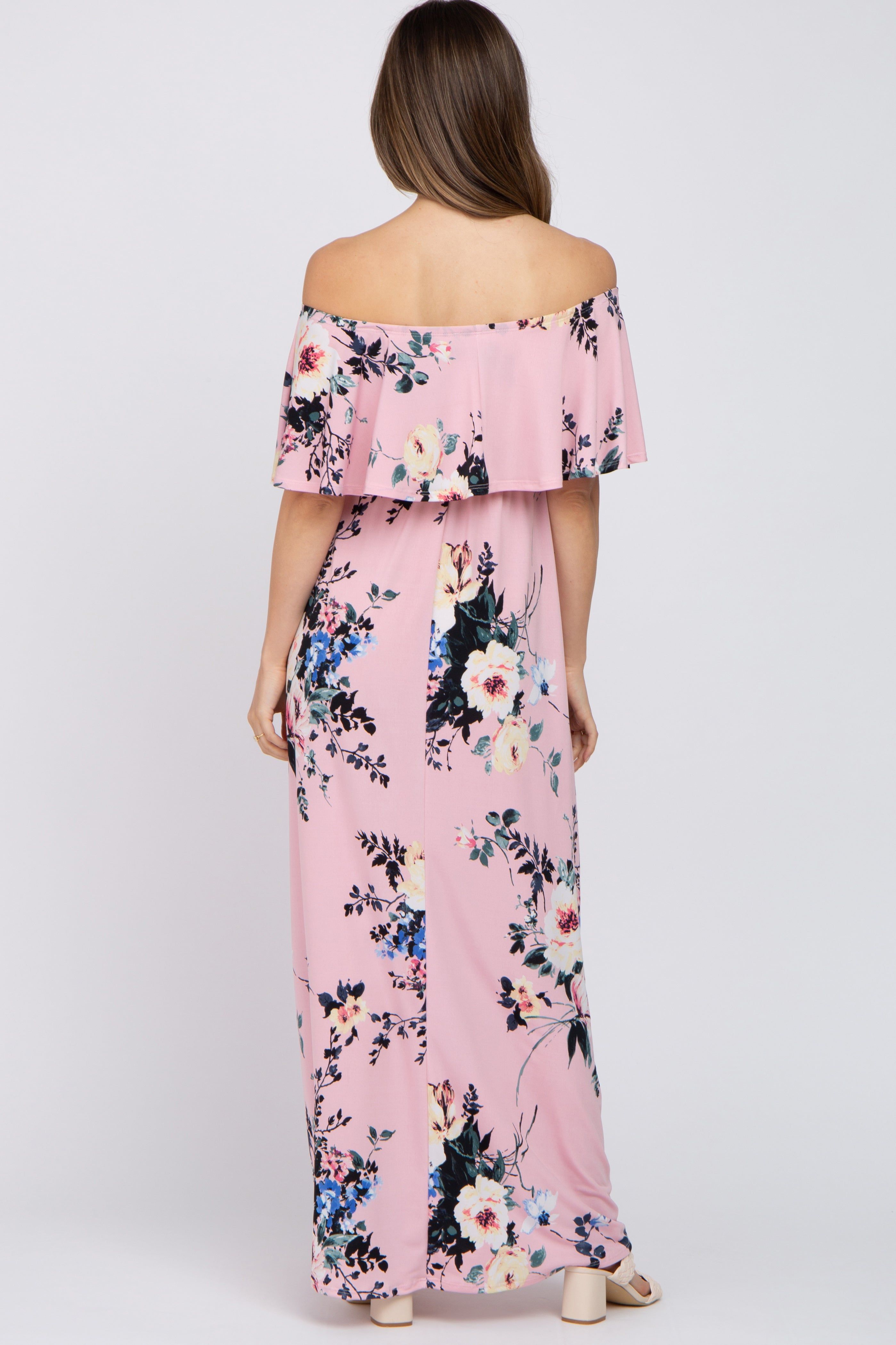 Pink Floral Flounce Off Shoulder Maternity Maxi Dress sold by Pinkblush product image thumbnail 3