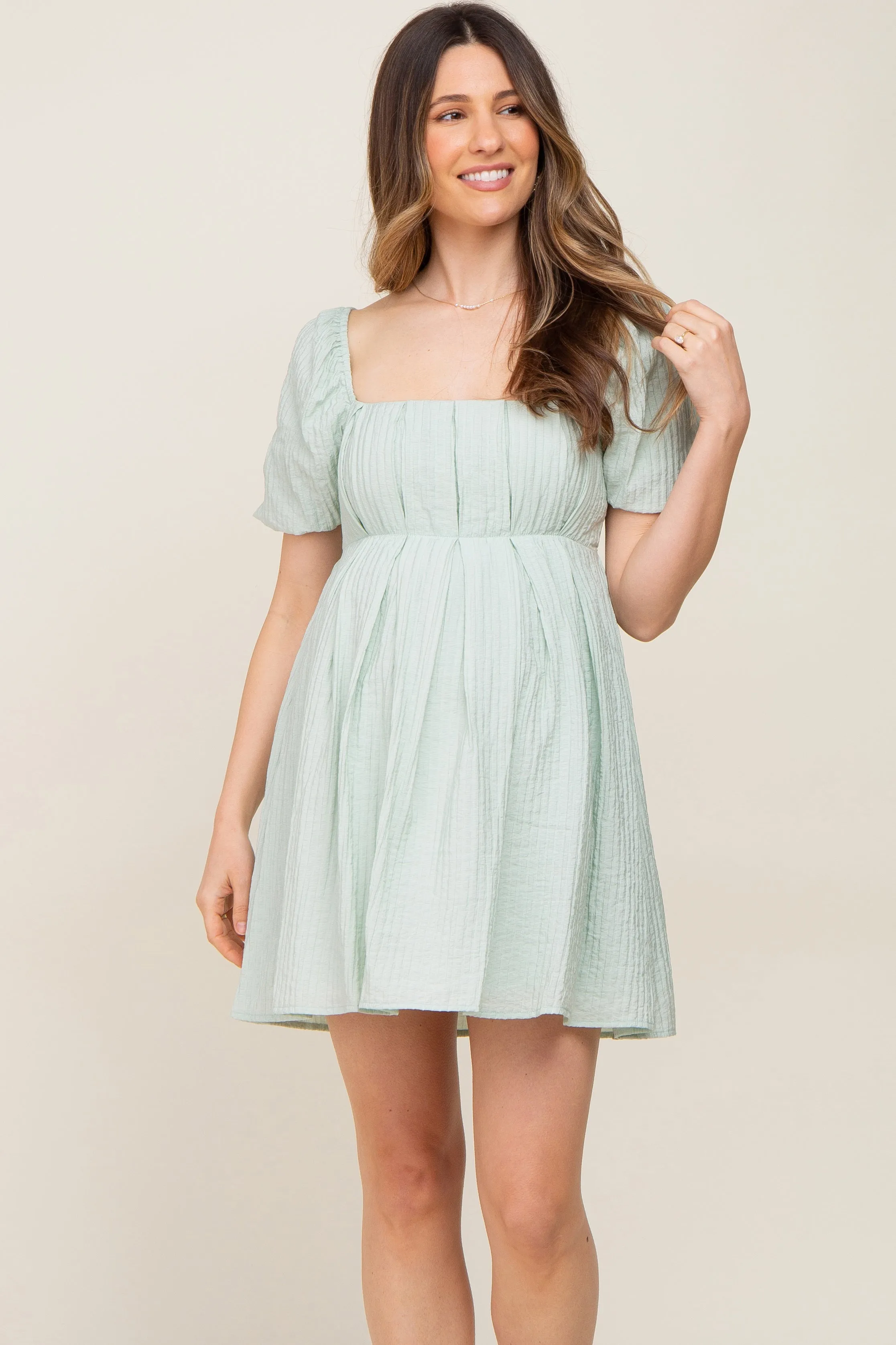 Sage Striped Pleated Puff Sleeve Maternity Mini Dress sold by Pinkblush product image thumbnail 2