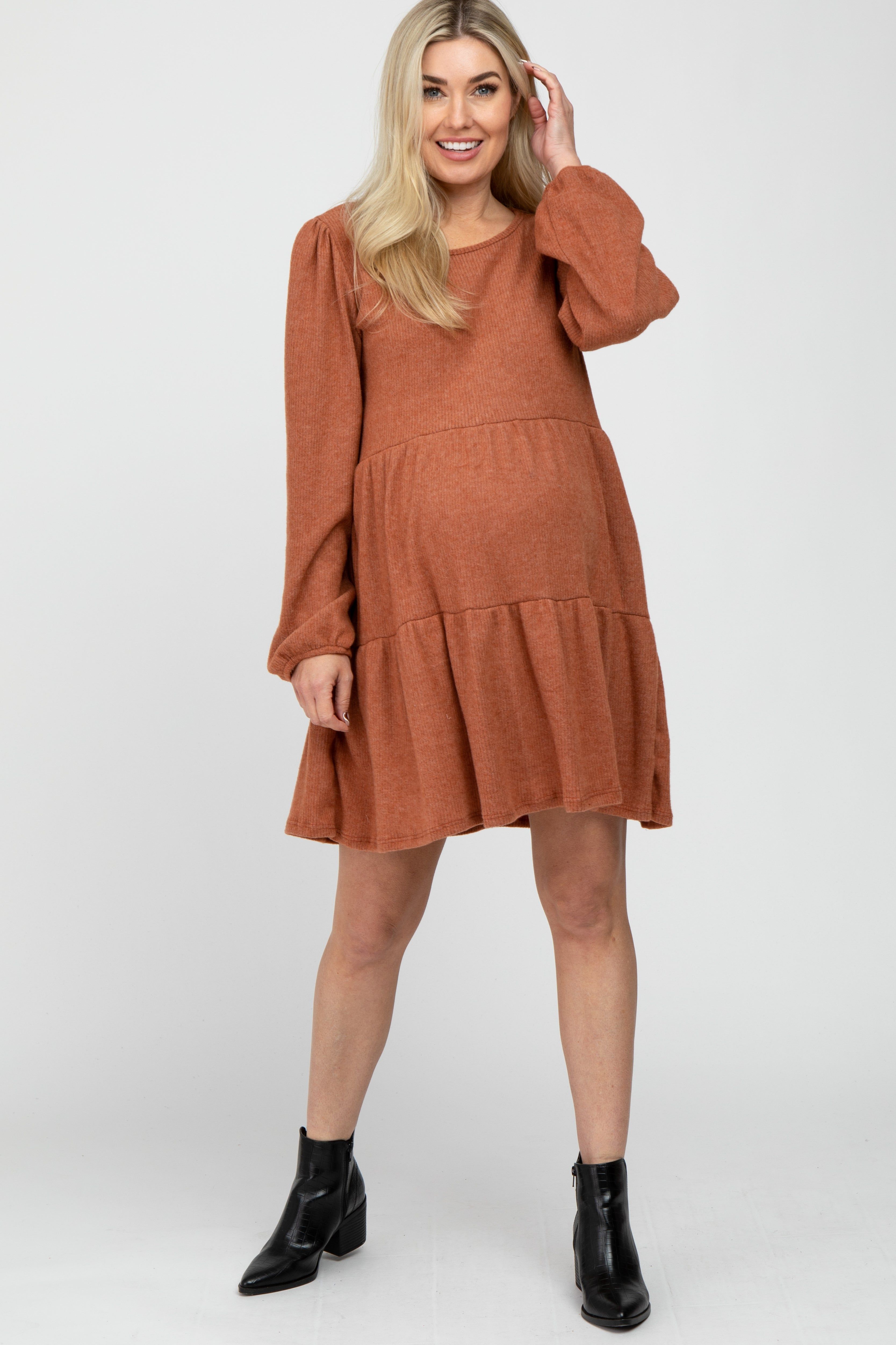 Rust Brushed Knit Tiered Maternity Dress sold by Pinkblush