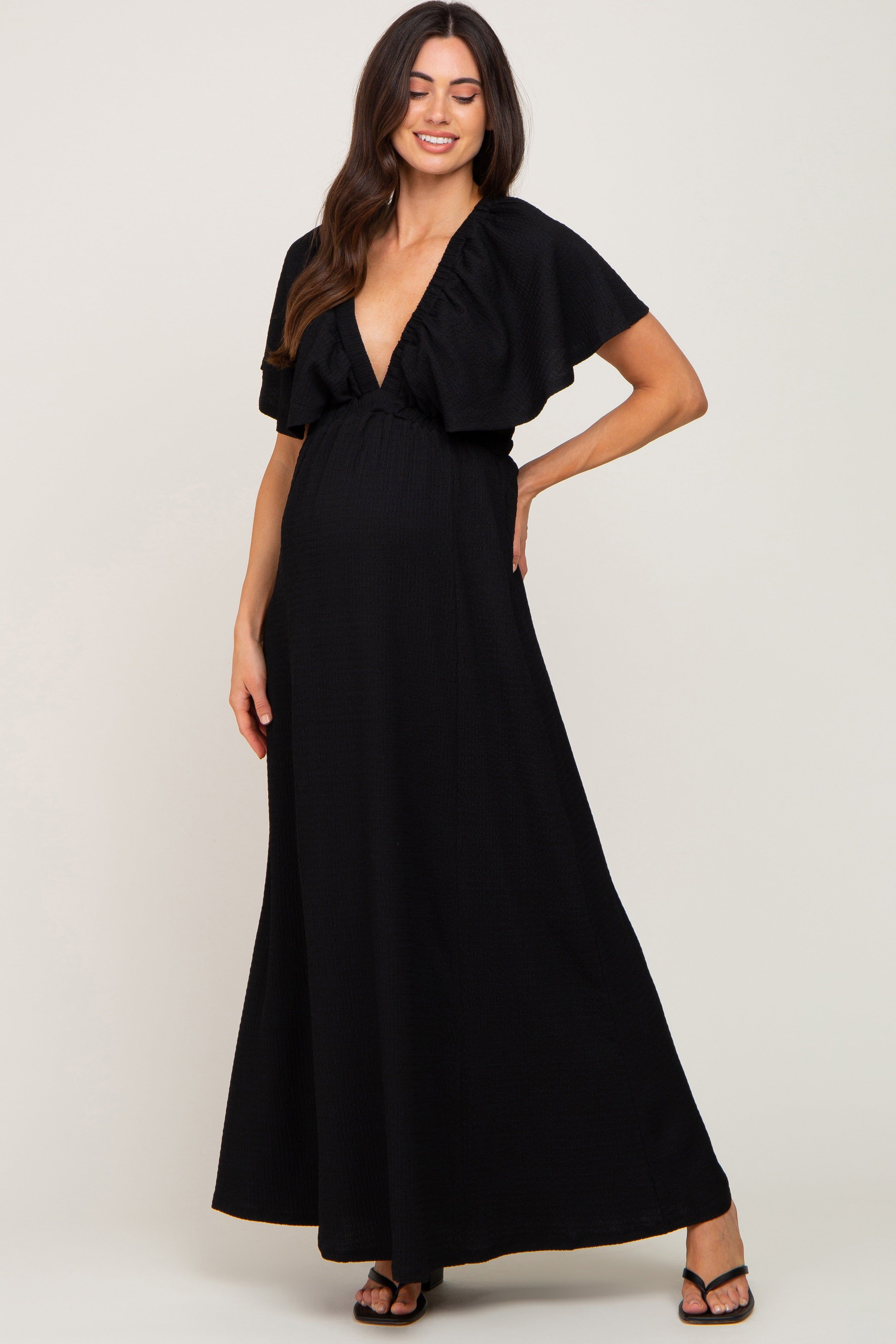 Black Deep V-Neck Maternity Maxi Dress sold by Pinkblush