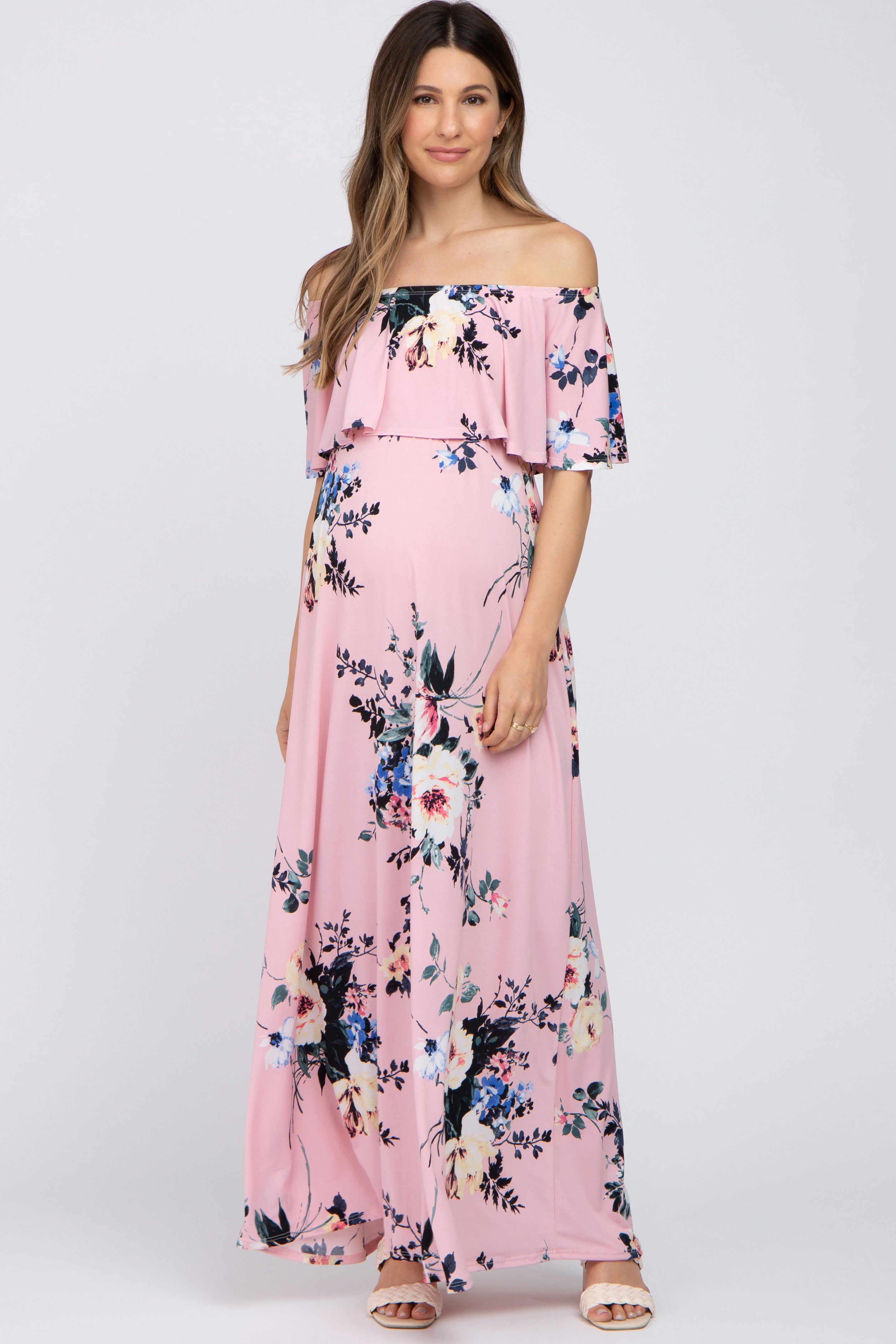 Pink Floral Flounce Off Shoulder Maternity Maxi Dress sold by Pinkblush