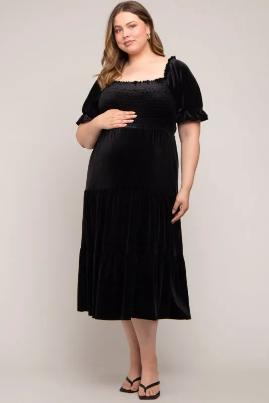 Black Velvet Tiered Maternity Plus Midi Dress sold by Pinkblush