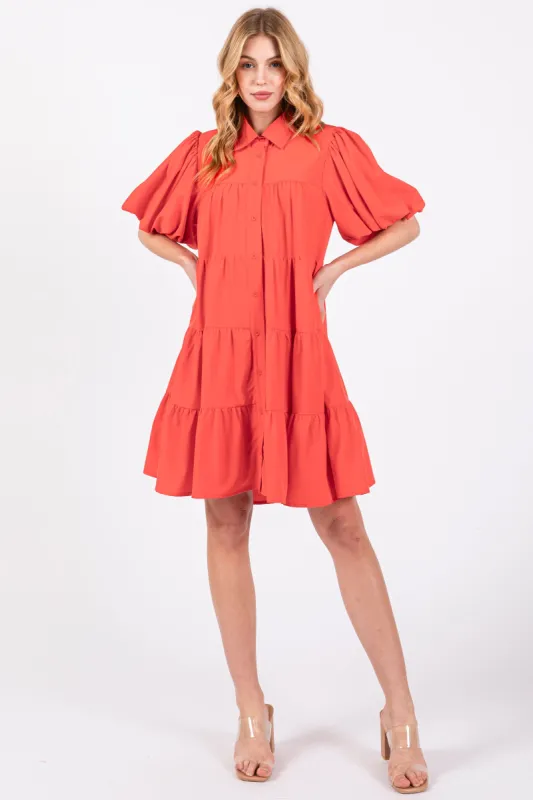 Coral Red Puff Sleeve Mini Shirt Dress sold by Pinkblush
